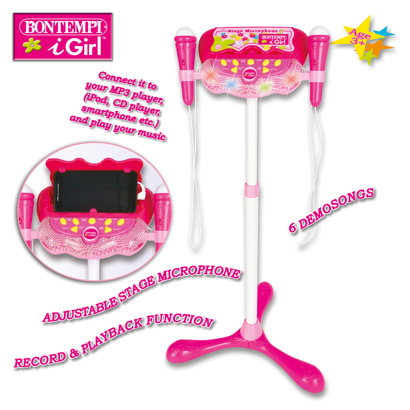 Ein rosa Spielzeug-Mikrofonständer mit Musikfunktionen, auf weißem Hintergrund.