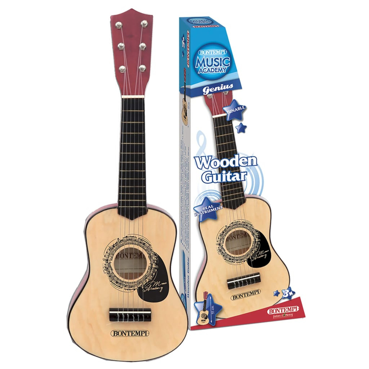 Eine Spielzeuggitarre und ihre Schachtel werden auf weißem Hintergrund gezeigt. Die Gitarre ist aus Holz mit roten Saiten.