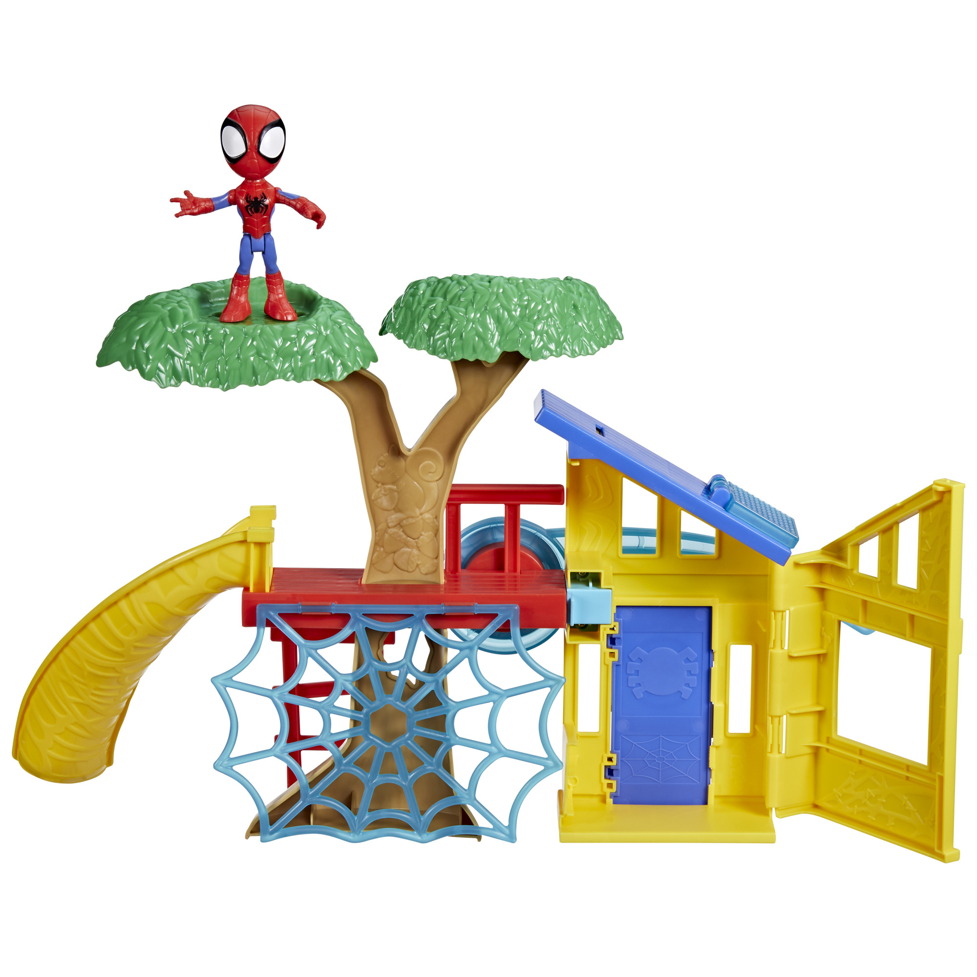 Un playset di Spiderman è mostrato. Ha una casa sull'albero con uno scivolo, una ragnatela e una casa gialla.