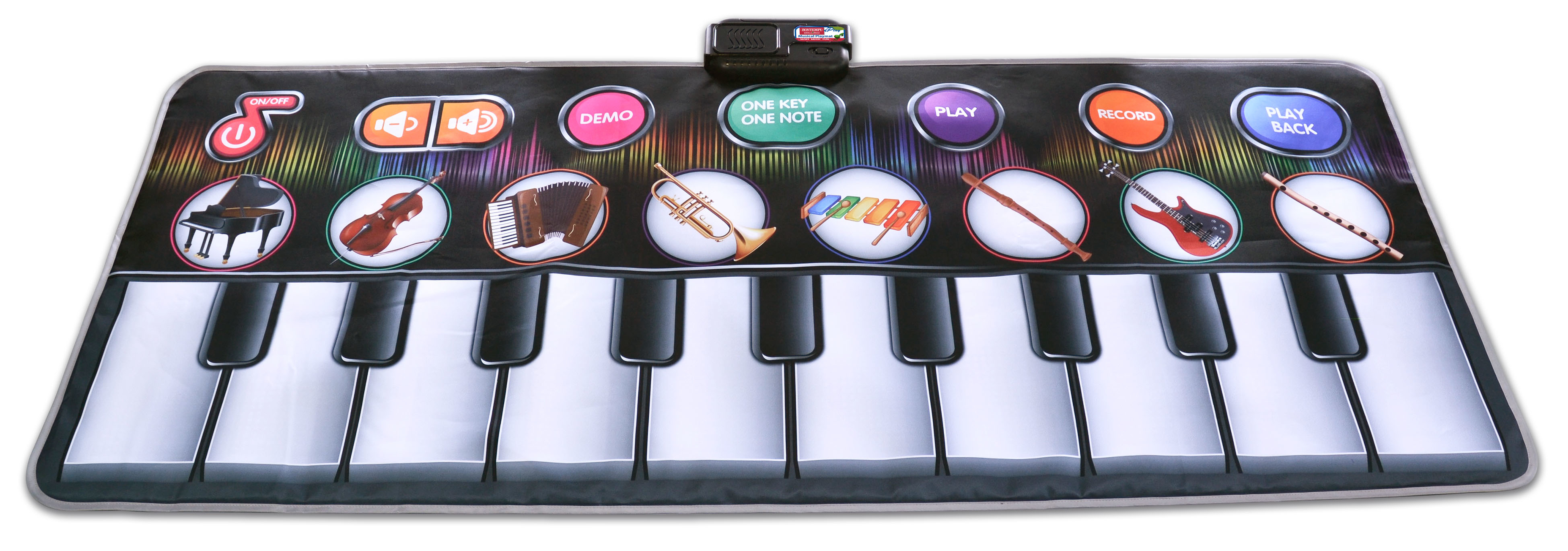 Eine musikalische Spielmatte mit Klaviertasten und Instrumentengrafiken, für interaktives Musikspiel konzipiert.