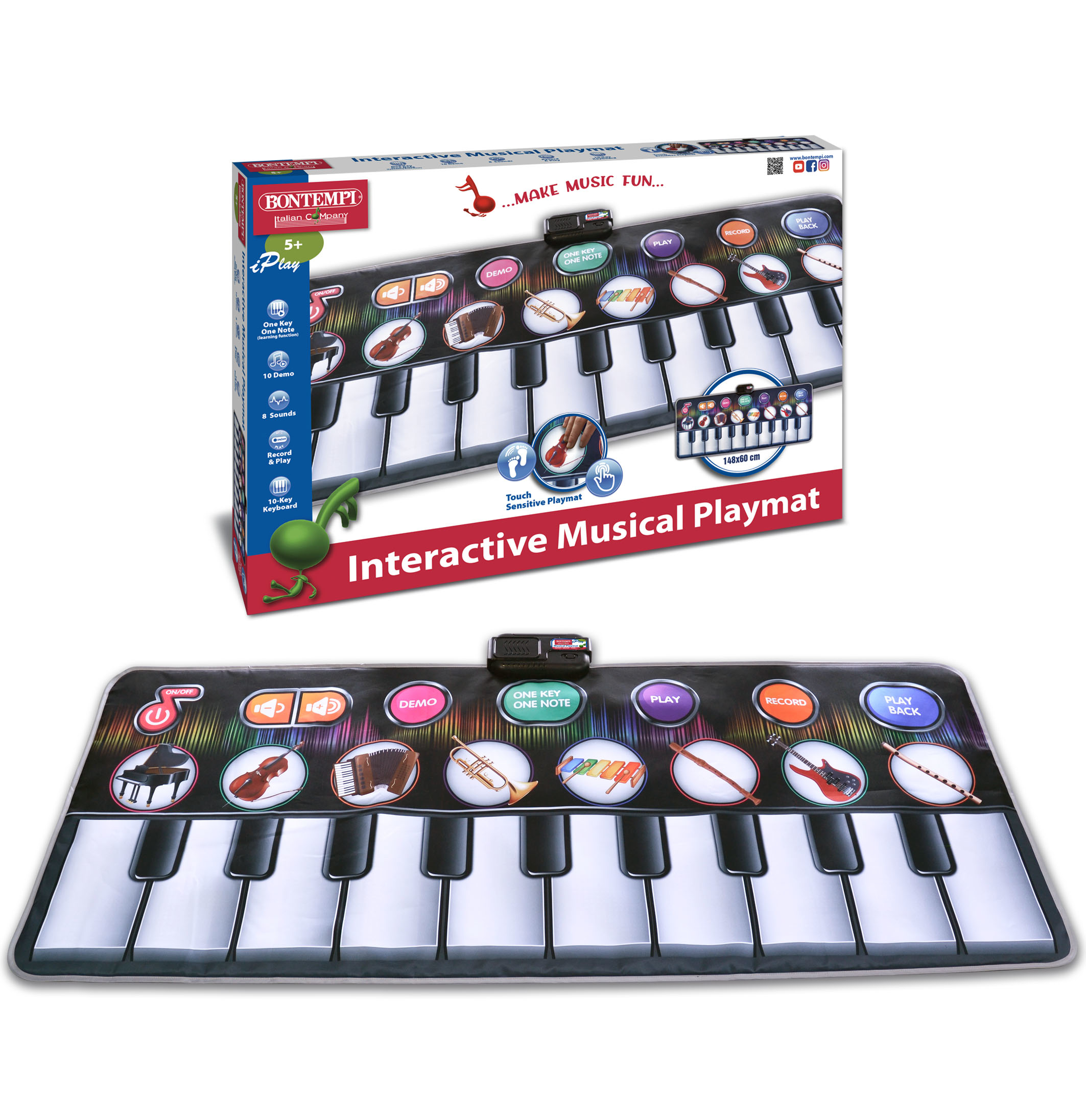 Eine musikalische Spielmatte mit einer Klaviatur und Instrumententasten, mit einer Box, die dasselbe zeigt.