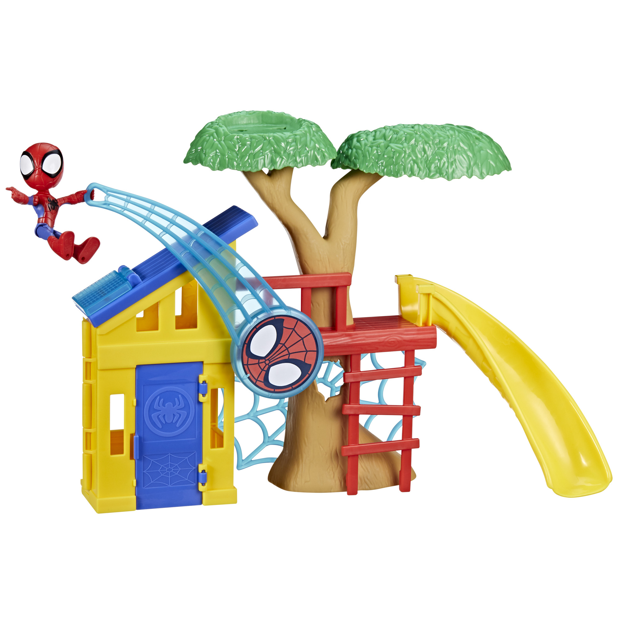 Un giocattolo di Spider-Man si arrampica su una casa gialla con uno scivolo blu e un albero sullo sfondo.