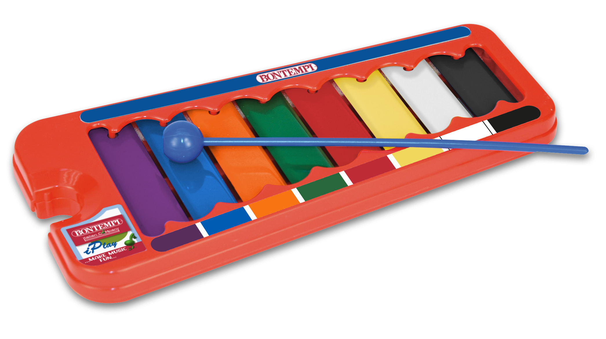 Rotes Xylophon mit farbigen Stäben und einem blauen Schlägel. Markenname Bontempi ist sichtbar.