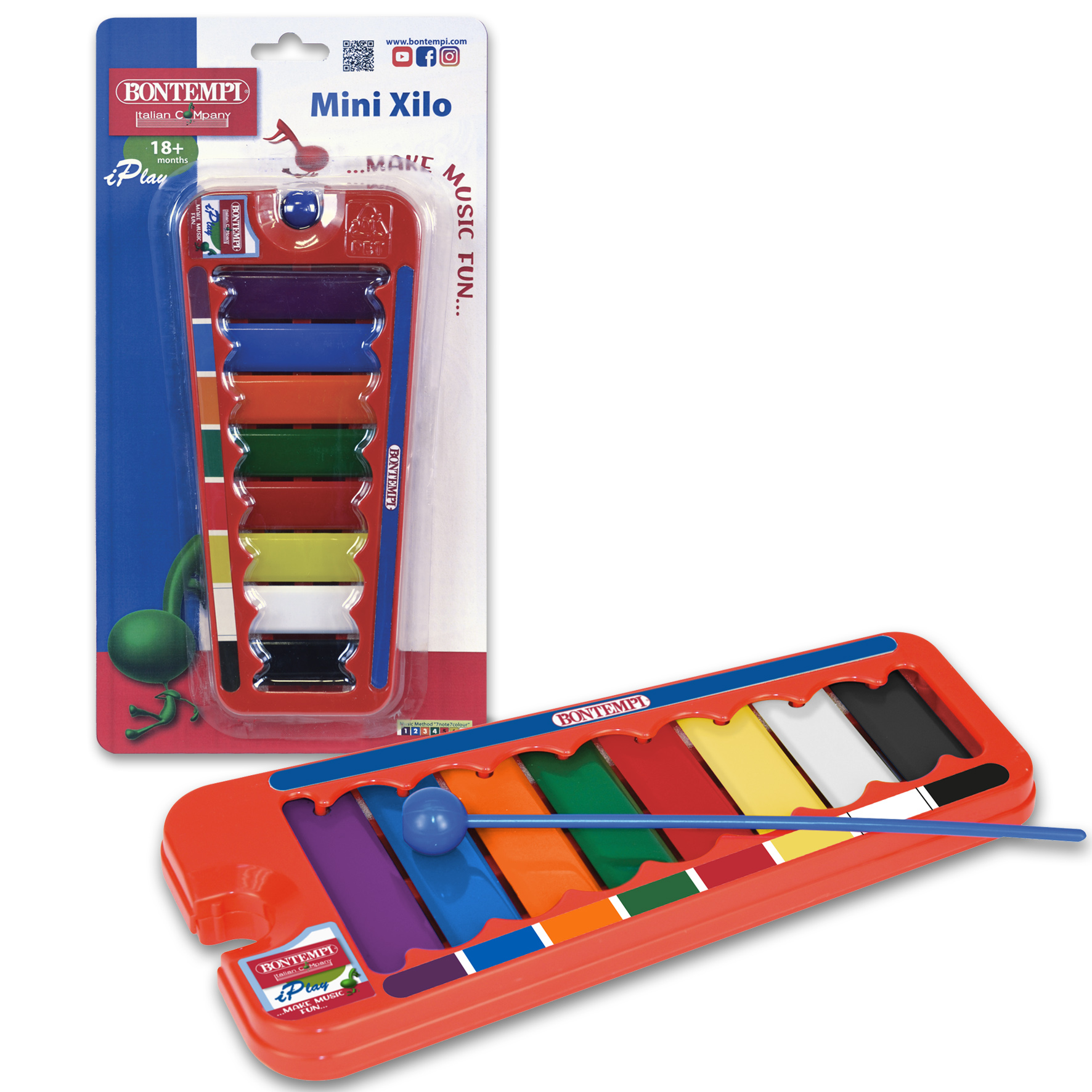 Rotes Xylophon mit farbigen Stäben und Verpackung mit blauem Hintergrund und Spielzeug.