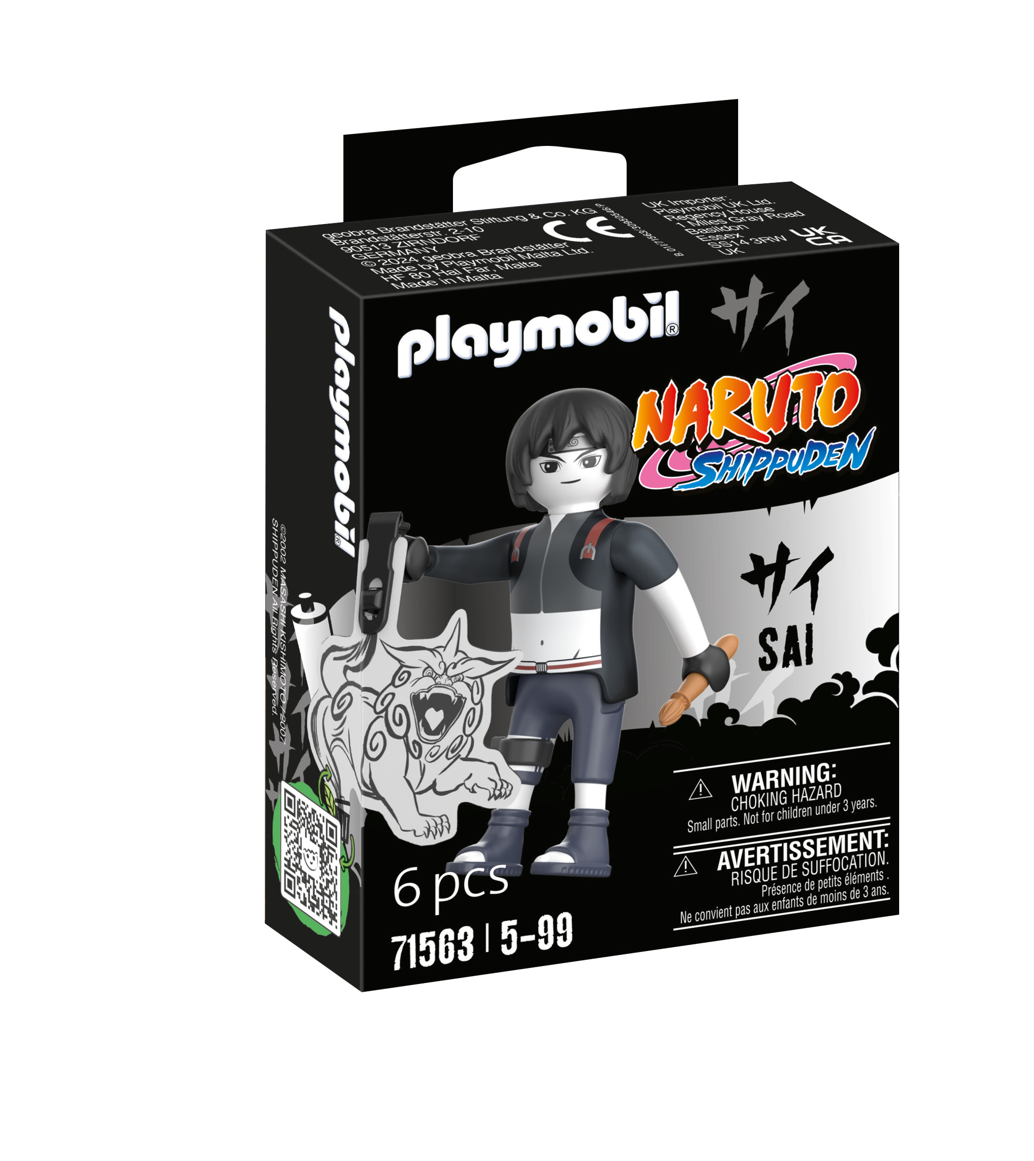 Figurka Playmobil Naruto w pudełku. Figurka ma czarne włosy i czarną kurtkę.