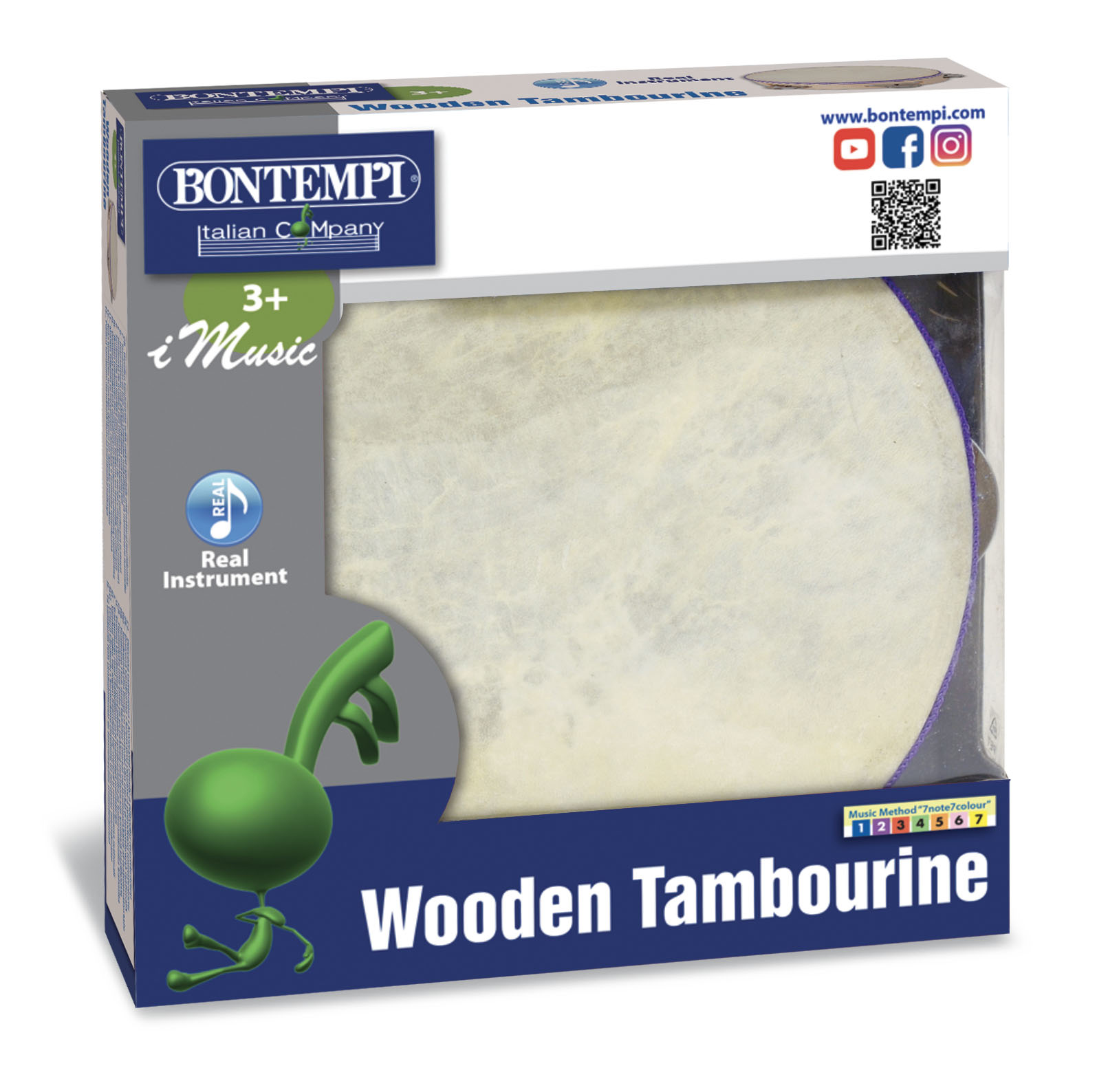 Verpacktes Holztamburin mit weißem Fell und silbernen Schellen.