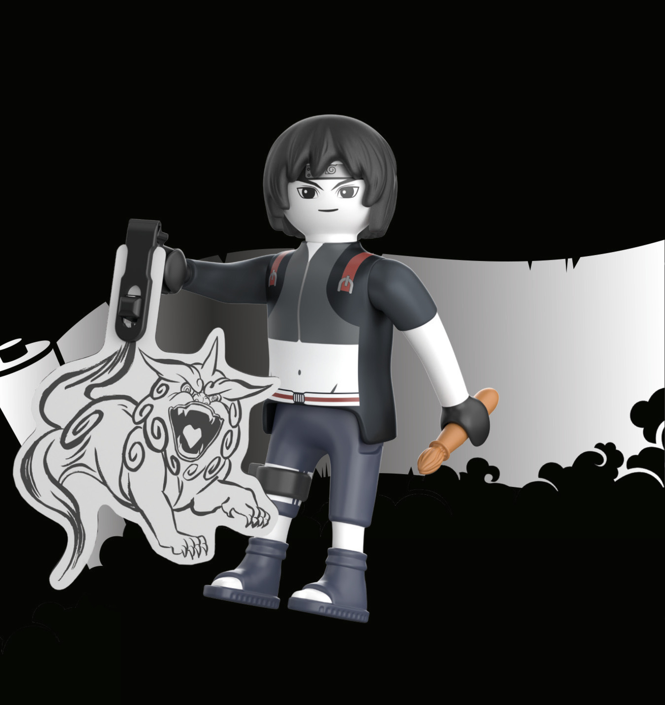 Figurka Playmobil Naruto trzymająca pędzel i rysunek potwora.