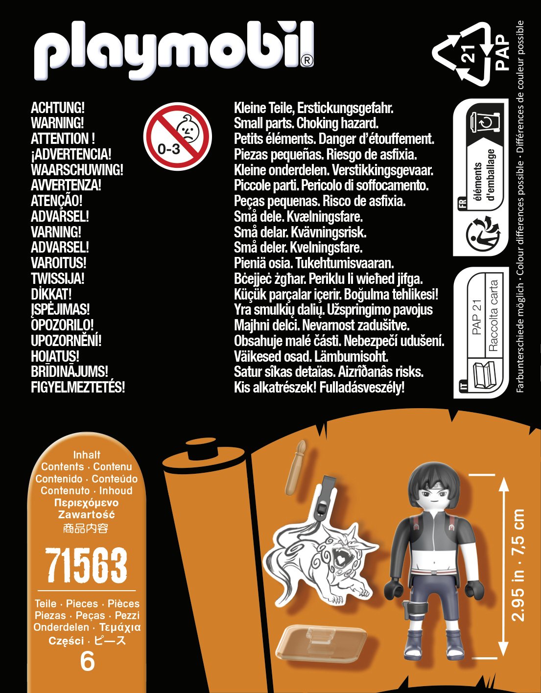 Pudełko Playmobil z figurką Naruto i jego komponentami, z ostrzeżeniami w wielu językach.