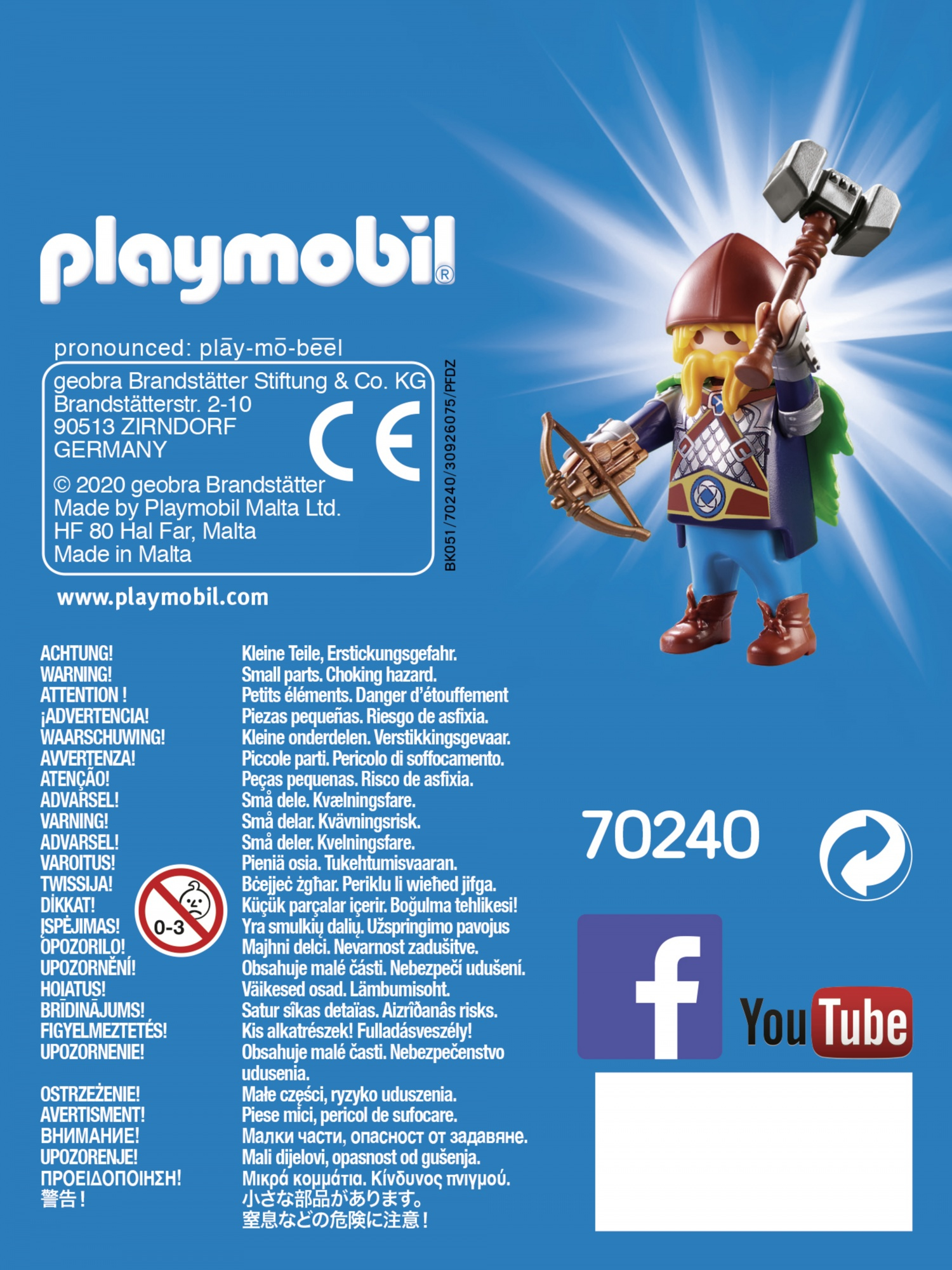 Rückseite der Playmobil-Spielzeugverpackung. Enthält Warnhinweise und ein Bild eines Wikinger-Spielzeugs mit Hammer und Armbrust.
