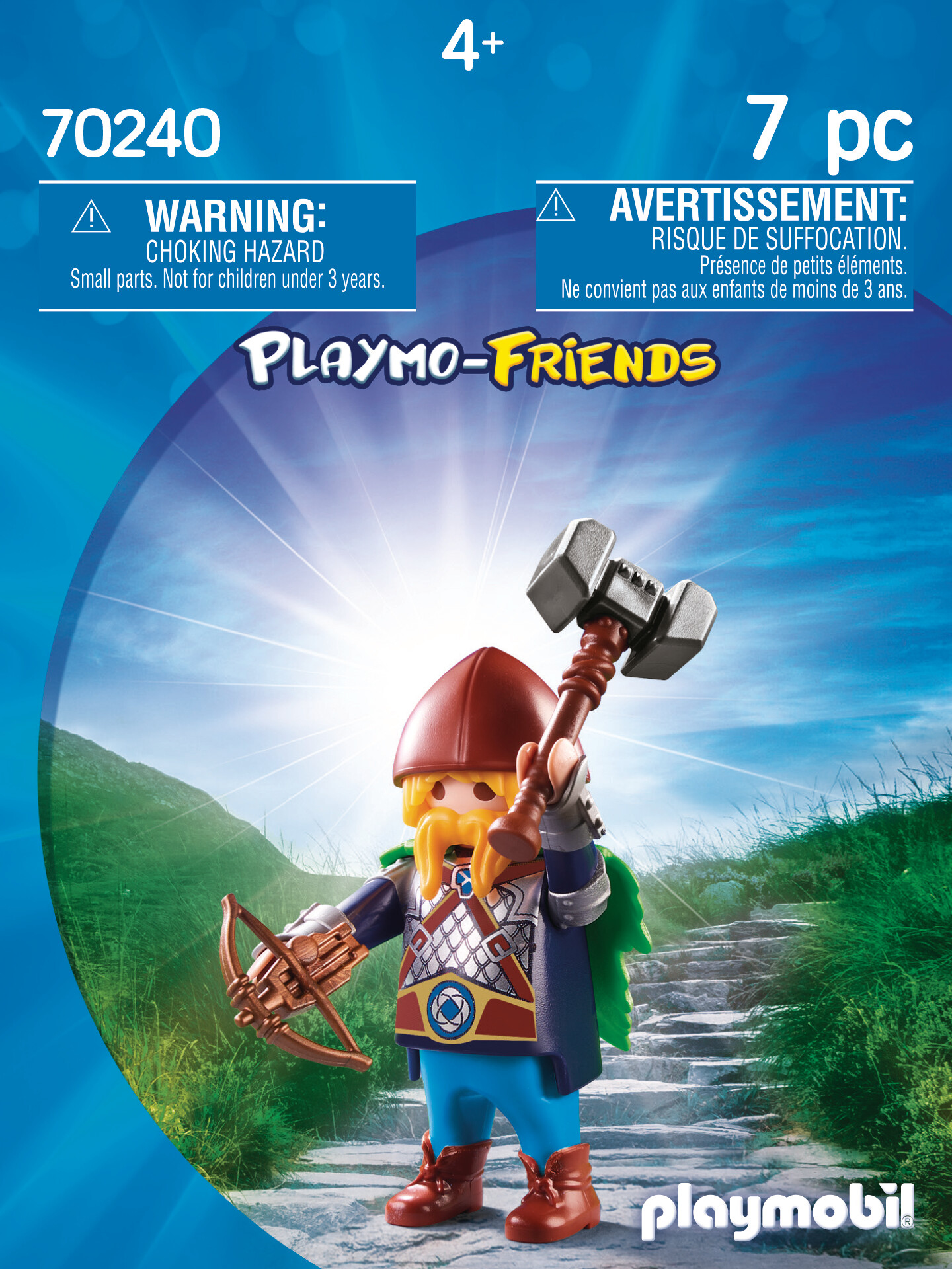 Eine Playmo-Friends-Spielzeugverpackung. Eine Wikingerfigur hält einen Hammer und eine Armbrust.