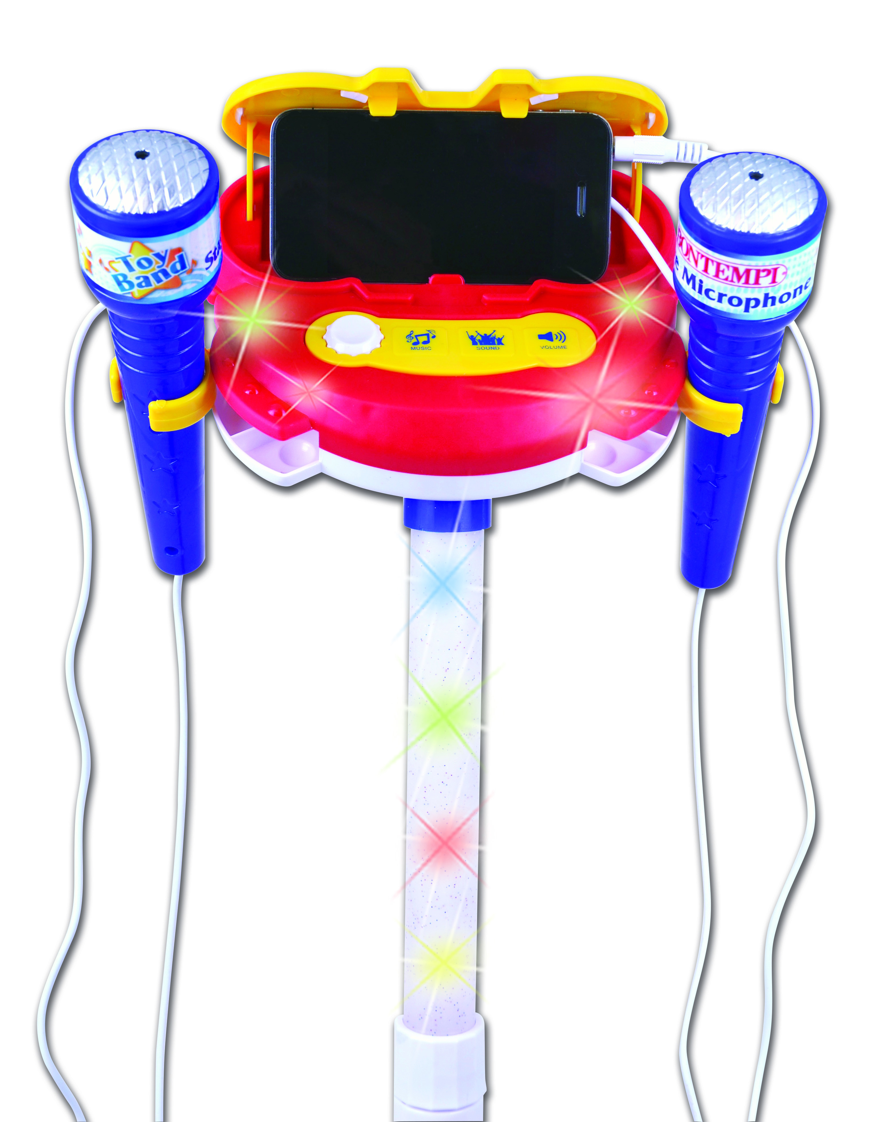 Ein roter und gelber Spielzeug-Karaoke-Ständer mit zwei Mikrofonen und einem Telefonhalter.