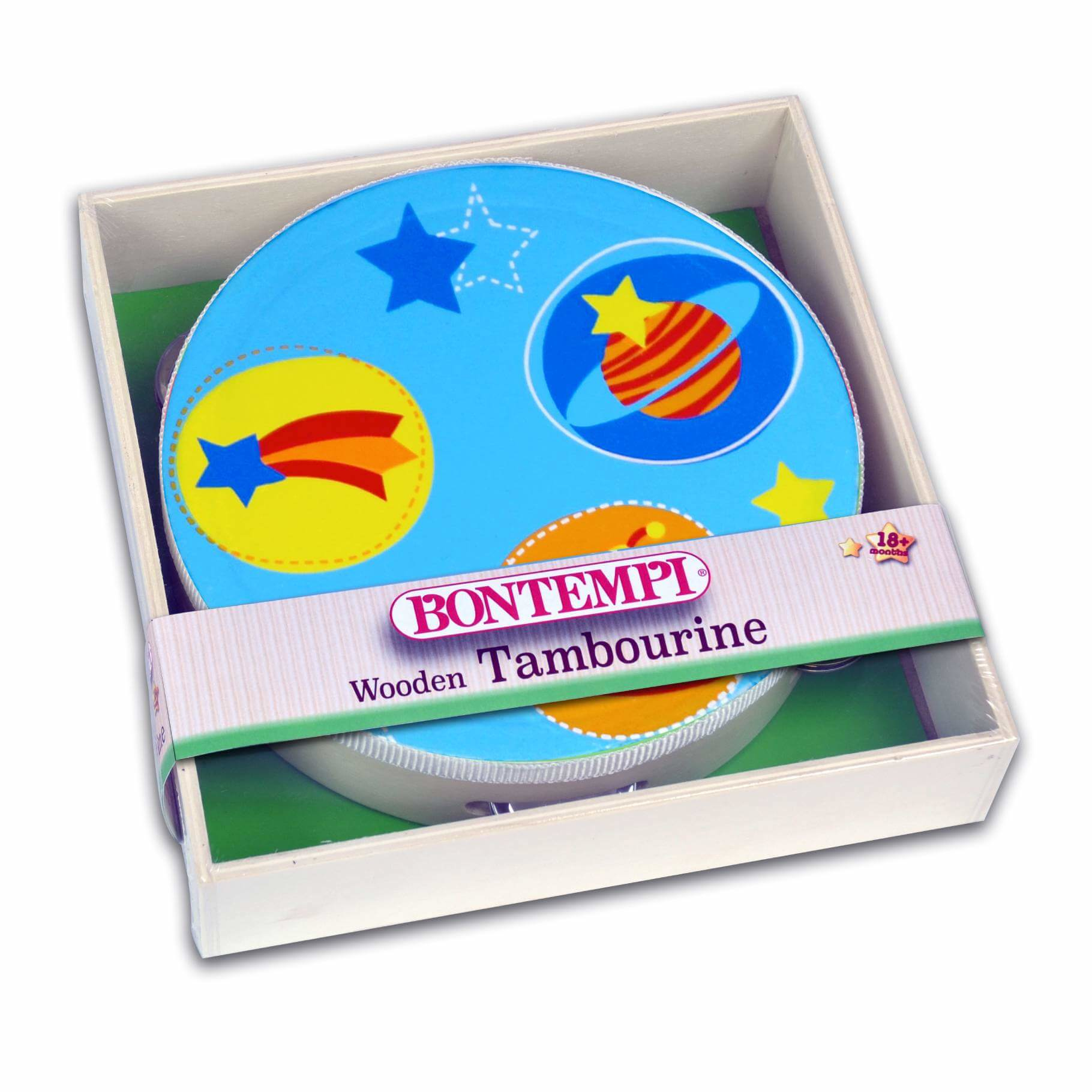 Un pandero de madera en una caja. El pandero es azul con estrellas y planetas, y tiene una etiqueta Bontempi.