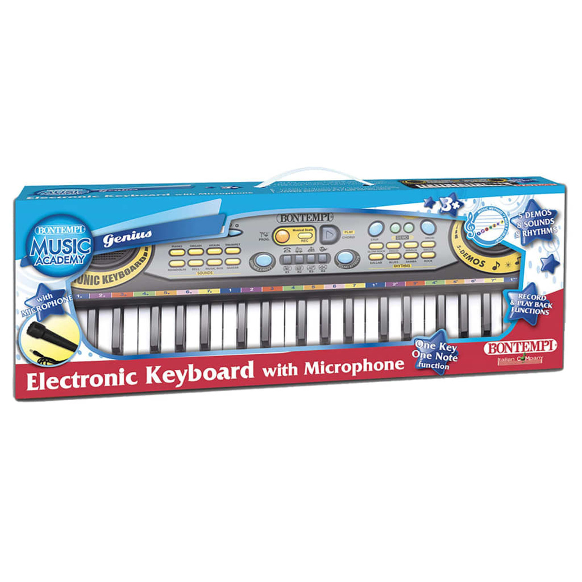 Ein elektronisches Keyboard-Spielzeug mit Mikrofon und bunten Knöpfen in der Verpackung.