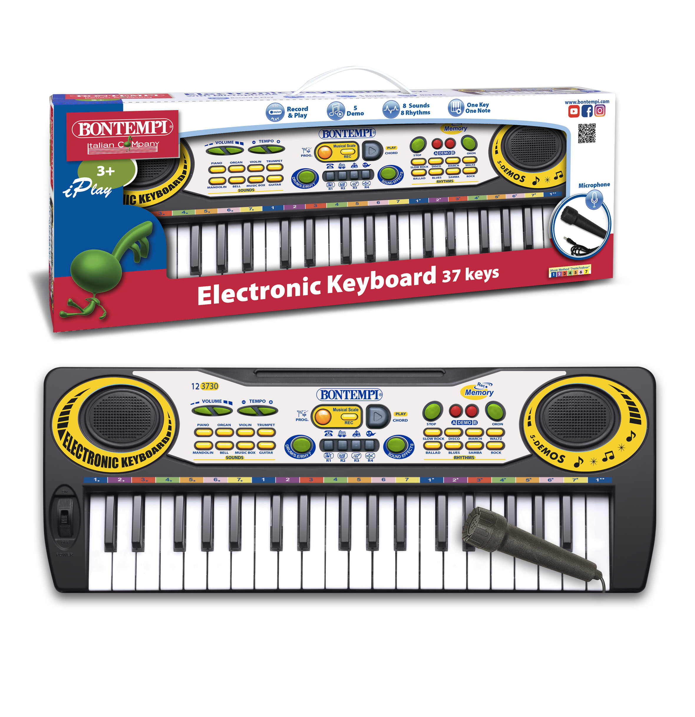 Zwei Spielzeugkeyboards, eines in einer Schachtel und das andere draußen. Beide haben viele Tasten und Knöpfe.