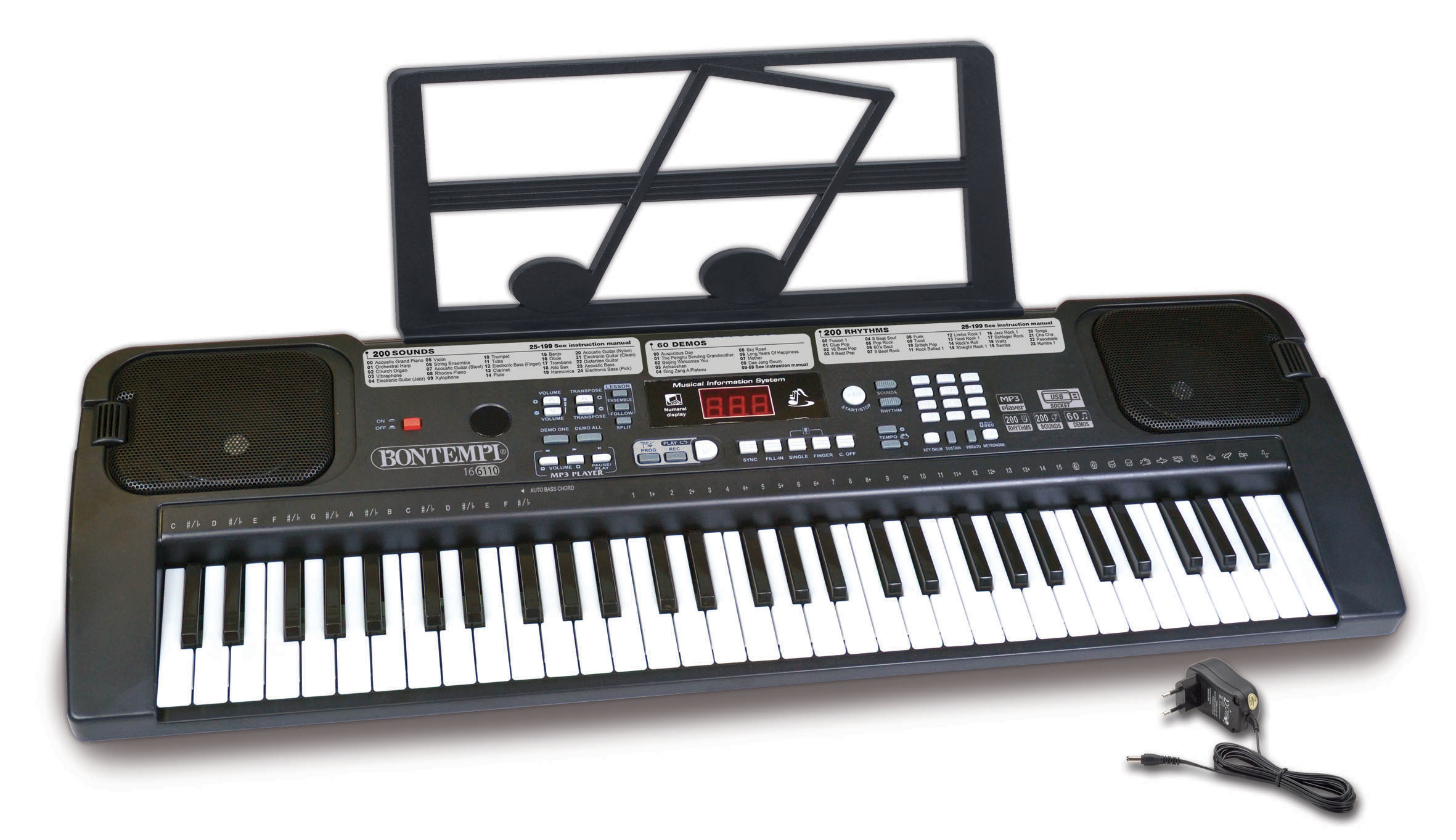 Ein schwarzes Bontempi-Keyboard. Es hat viele Knöpfe, ein Display und ein Notenständer mit Noten.