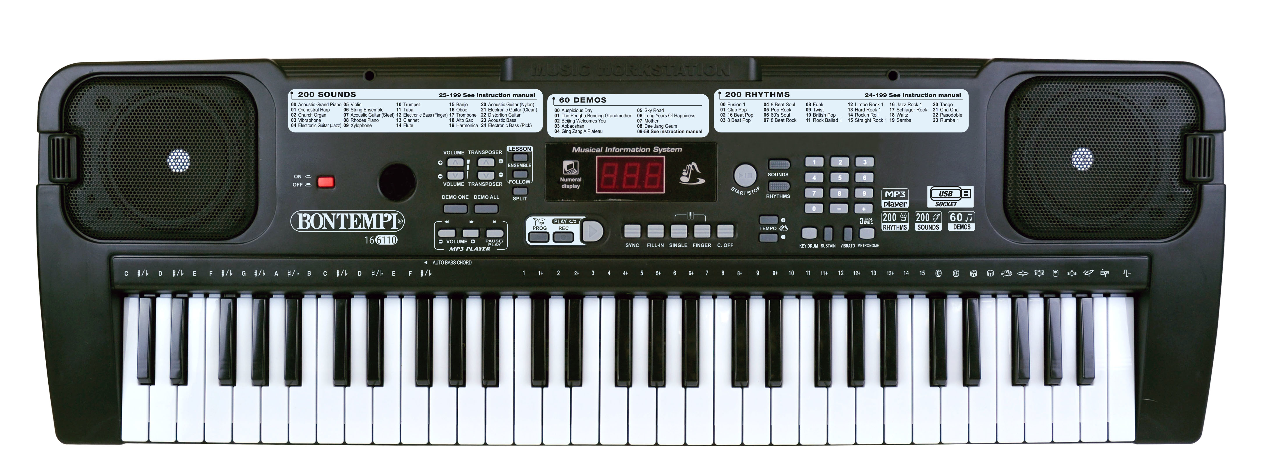 Ein schwarzes Bontempi-Keyboard. Es hat viele Knöpfe, ein Display und Lautsprecher auf beiden Seiten.