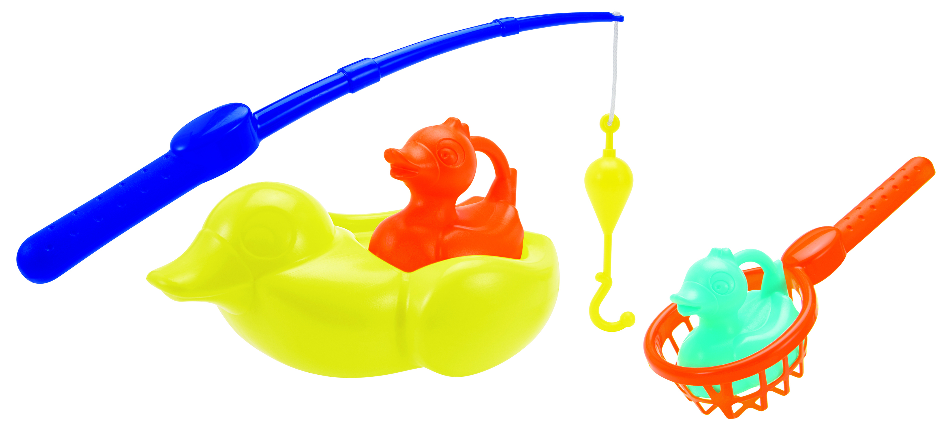 Juego de pesca de juguete con un pato amarillo, patos naranjas y una caña de pescar. El juego está aislado sobre blanco.