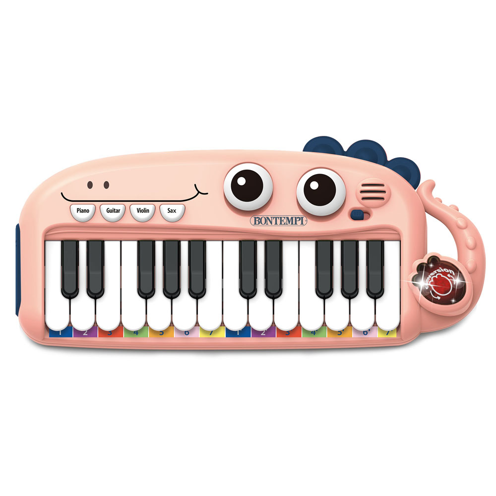 Ein rosa Spielzeugklavier mit schwarz-weißen Tasten. Das Klavier hat die Form eines Monsters. Weißer Hintergrund.