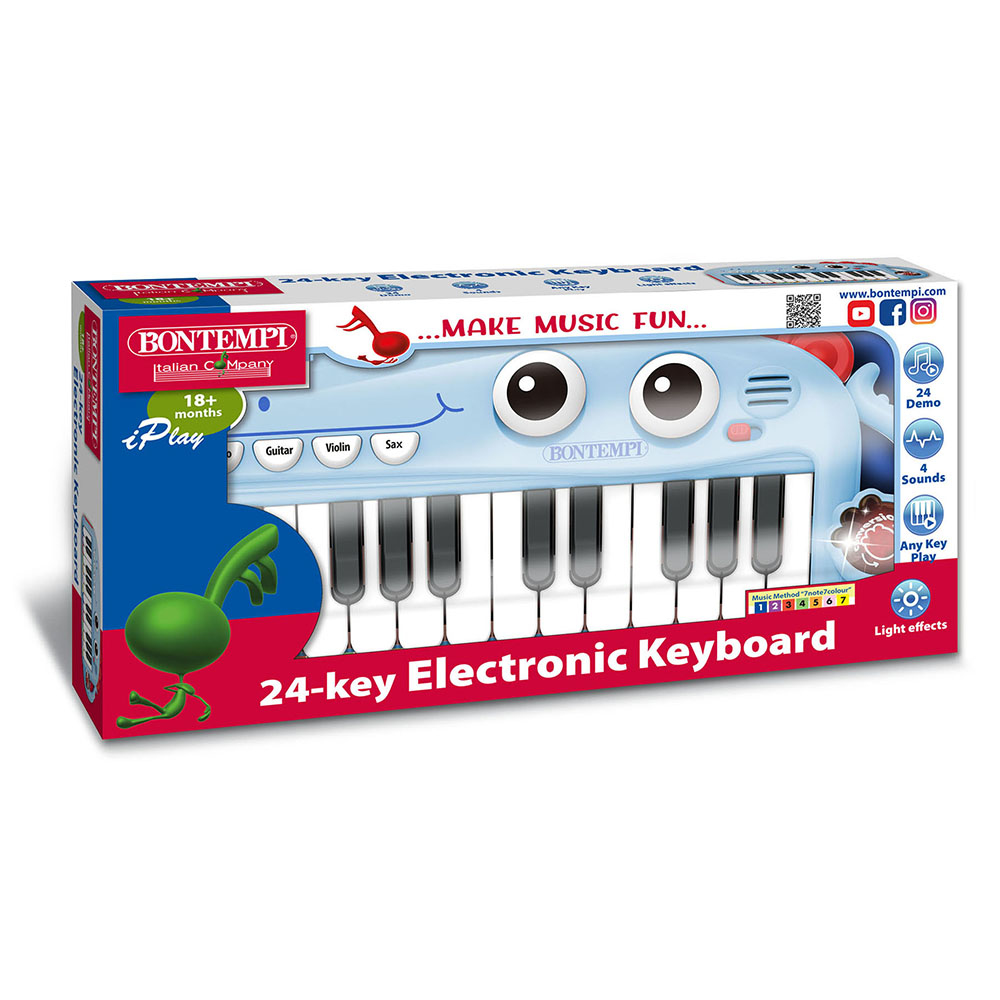 Eine hellblaue Spielzeug-Tastatur in einer Box. Sie hat schwarz-weiße Tasten.