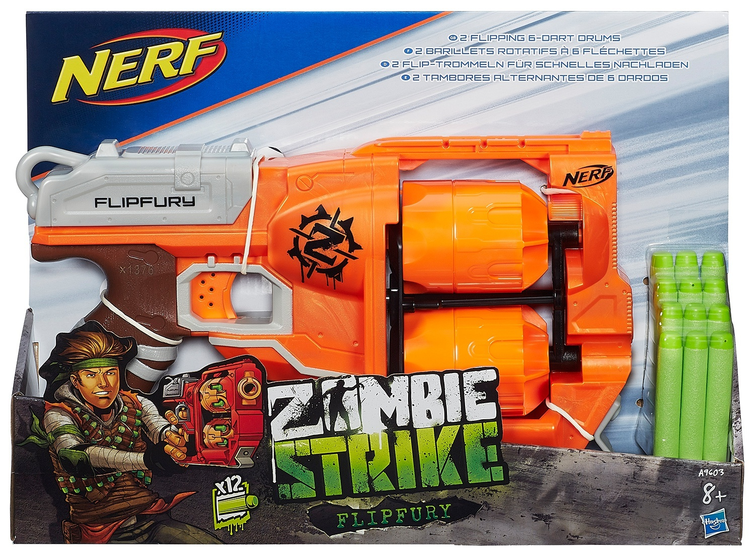 Pistolet Nerf Zombie Strike Flipfury w pudełku. Zielono-pomarańczowy design ze strzałkami. Pokazuje postać.