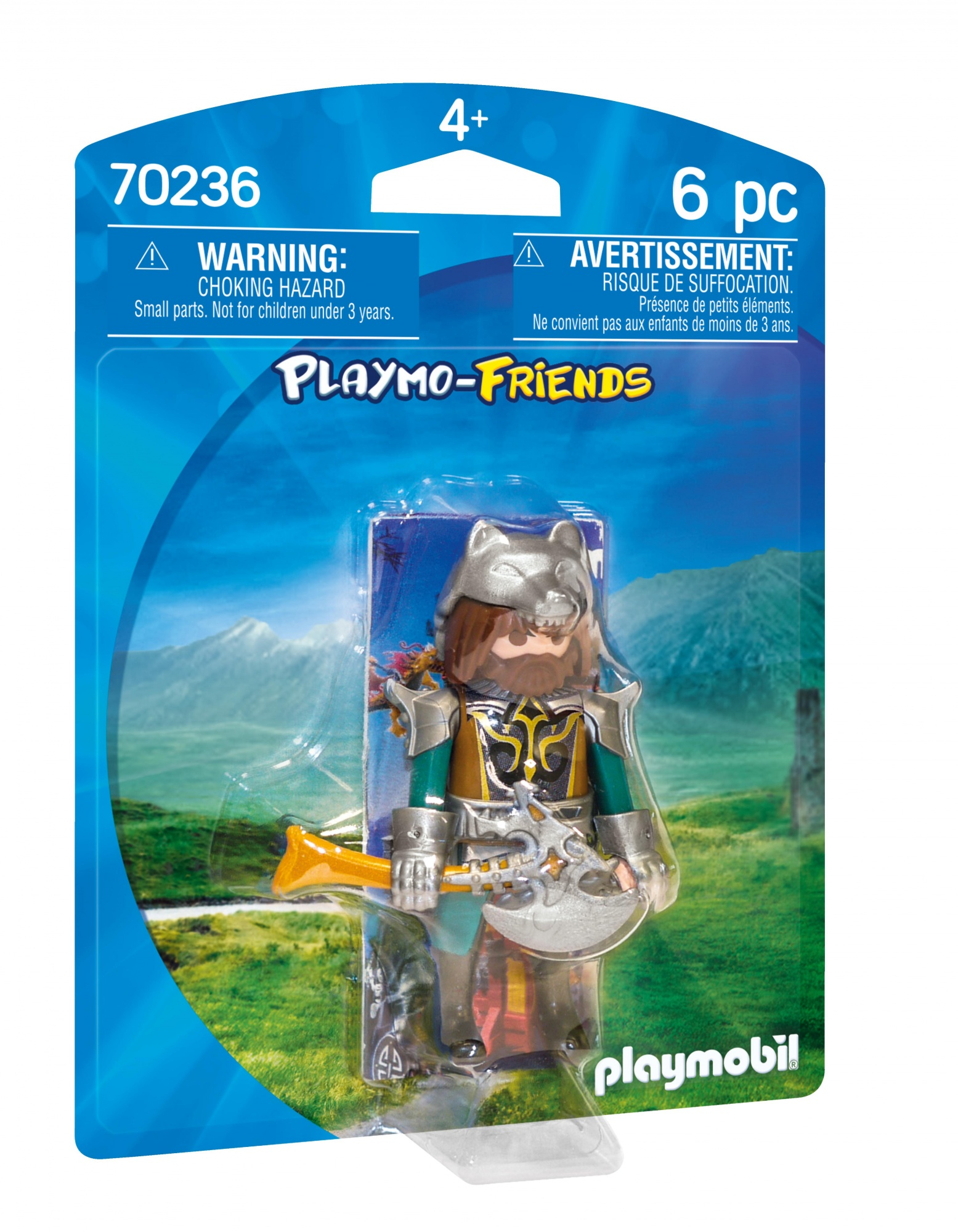 Personaggio Playmobil nella confezione. Vichingo con ascia, testo di avvertimento e logo su sfondo blu.