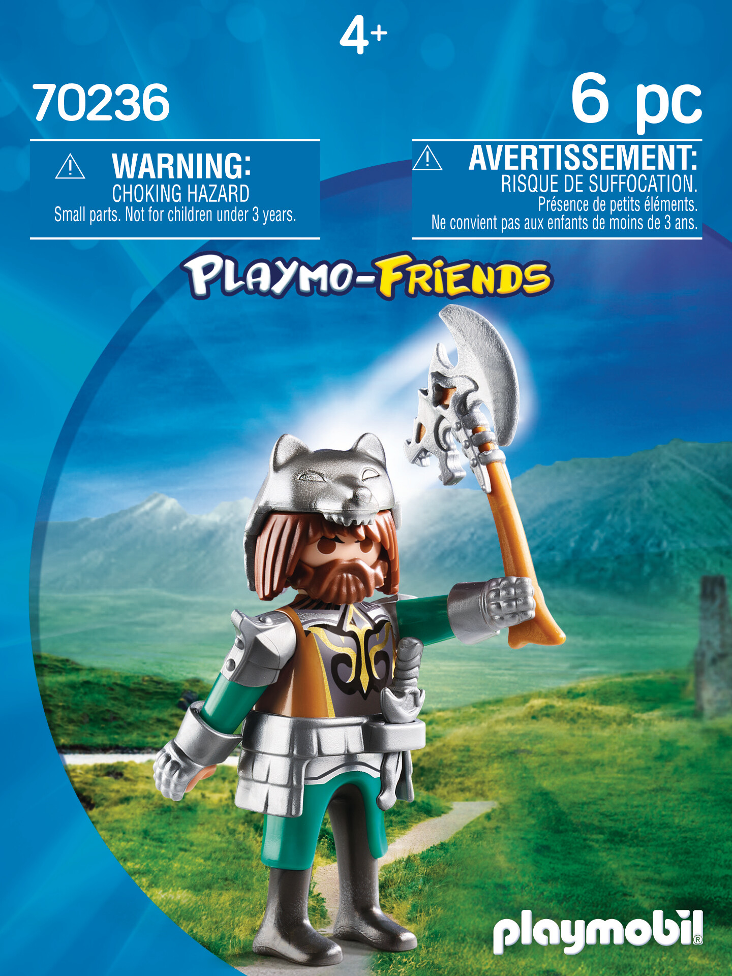 Figura di cavaliere Playmo-Friends con elmo da lupo e ascia su sfondo colorato.