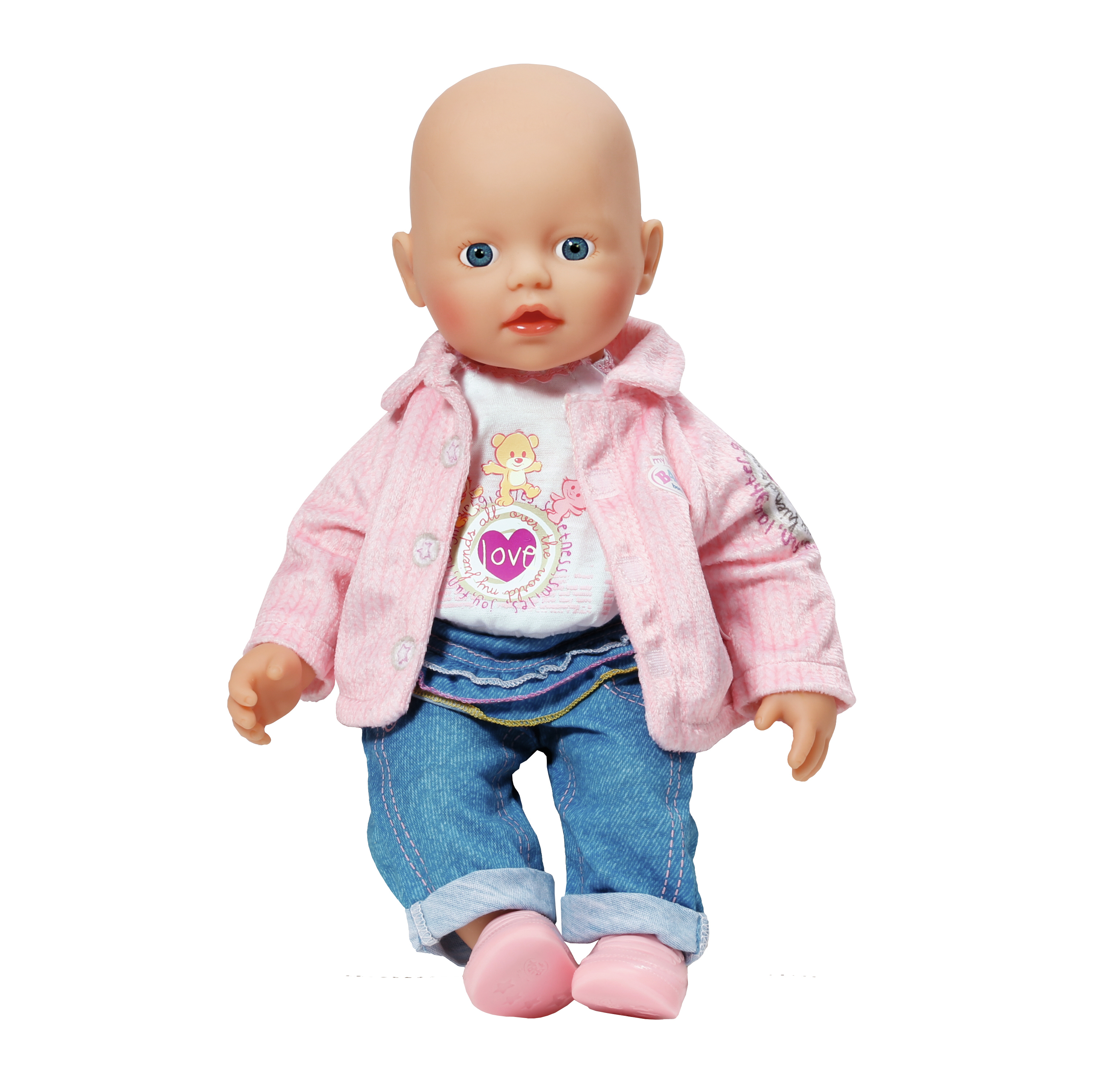 Lalka bobas w różowej kurtce, dżinsach i różowych butach. Białe tło.
