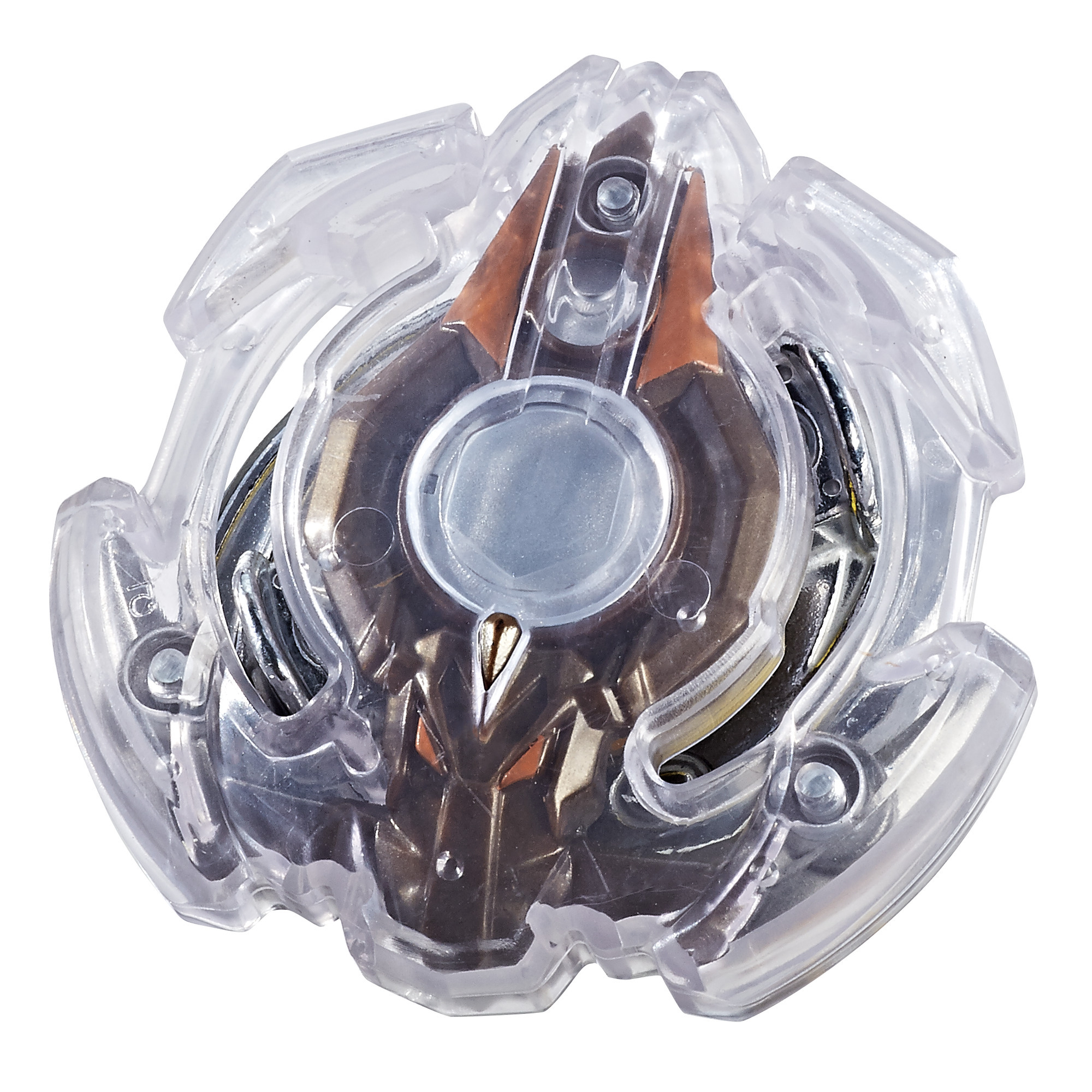 Trottola Beyblades. È fatta di plastica traslucida e ha un centro marrone.