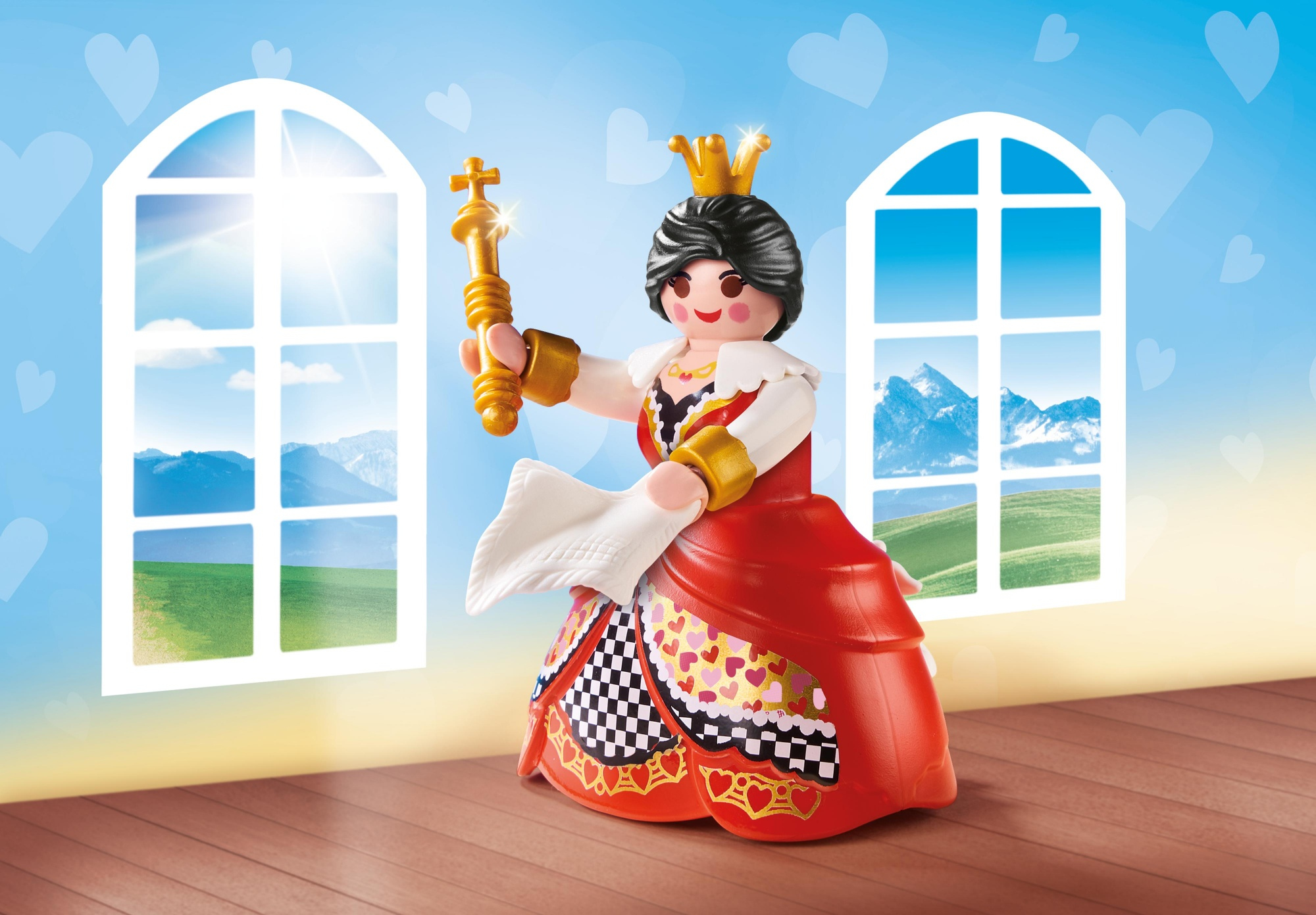 Figura regina con scettro. Indossa abito rosso e corona. Sfondo con finestre e montagne.