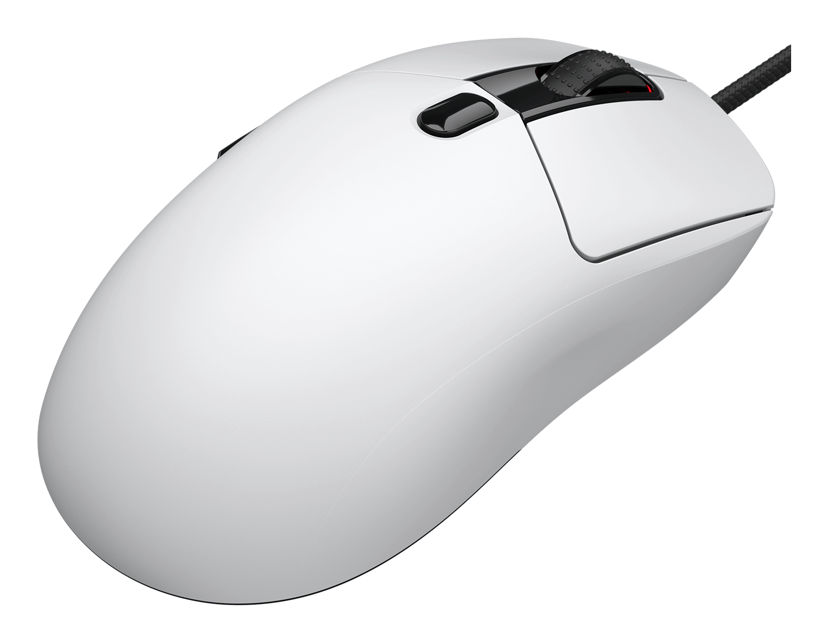 Biała mysz komputerowa z czarnymi akcentami i kółkiem przewijania, przeznaczona do ergonomicznego użytku.