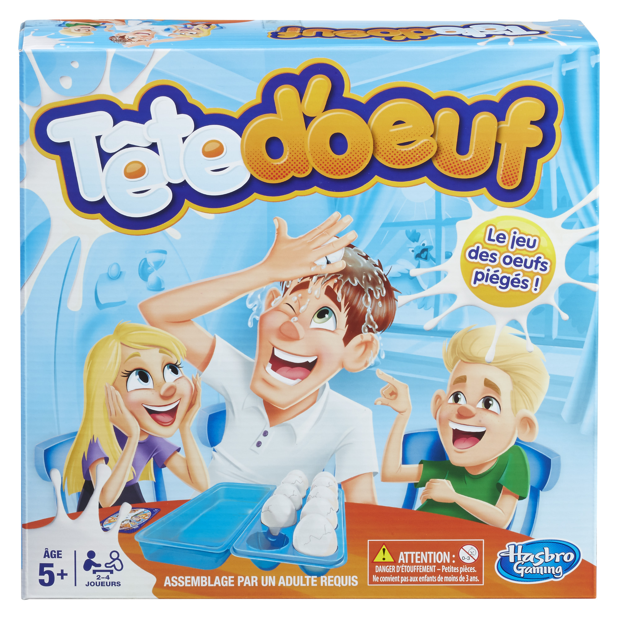 Scatola del gioco da tavolo con persone che giocano e uova.