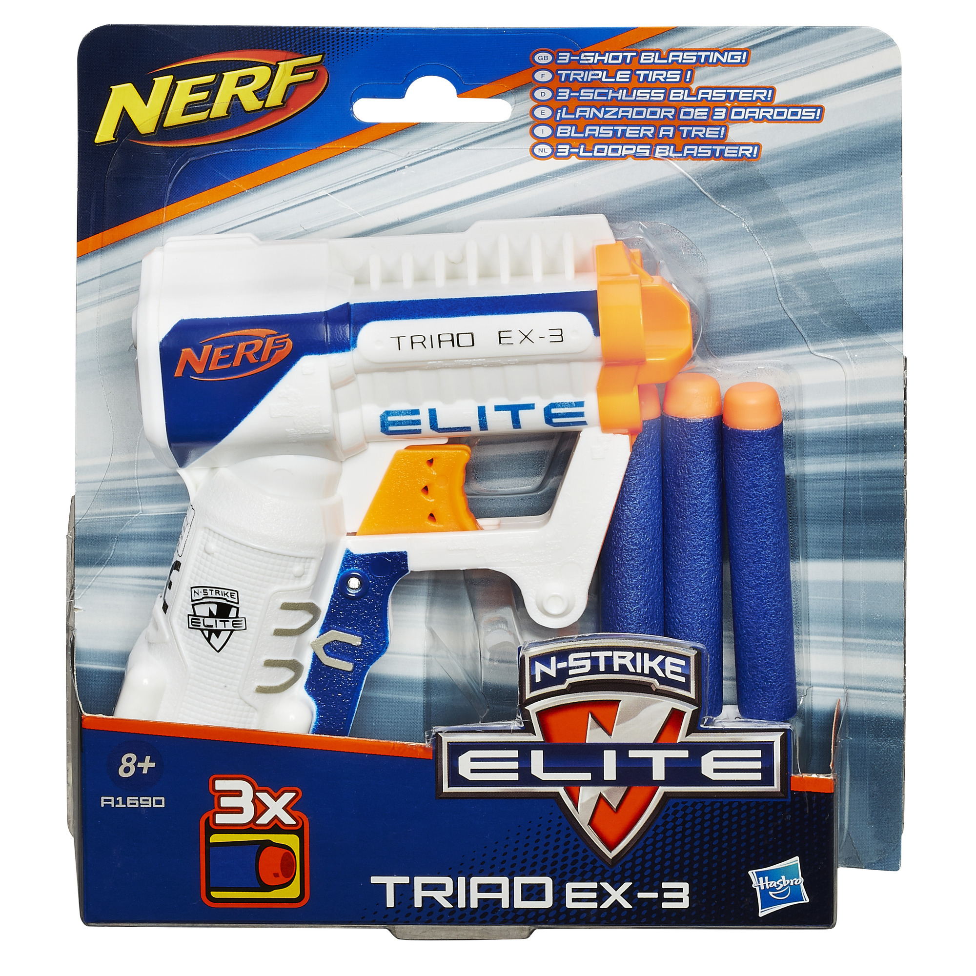 Zabawka blaster Nerf Triad EX-3 w opakowaniu. Kolory biały, niebieski i pomarańczowy.