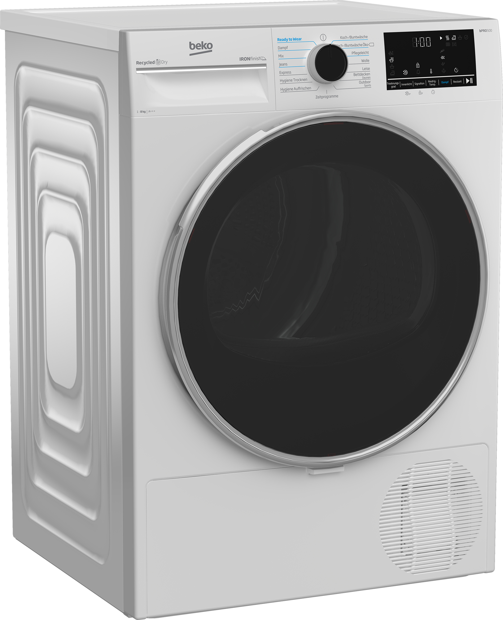 Weißer Beko-Trockner, schräge Ansicht, mit Bedienfeld, schwarzer Tür und Lüftung.