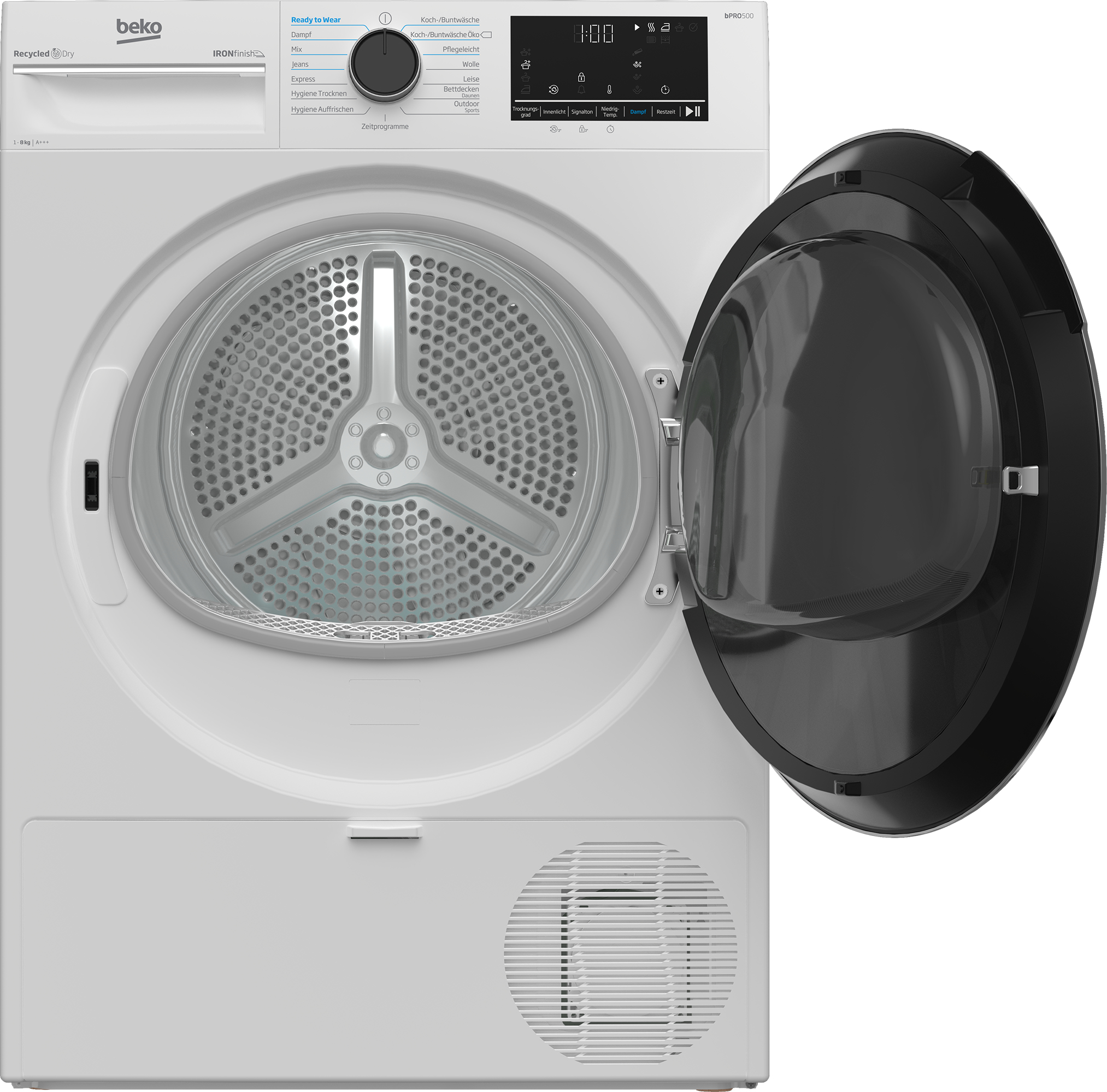 Ein weißer Beko Trockner mit geöffneter Tür, der die Trommel zeigt.