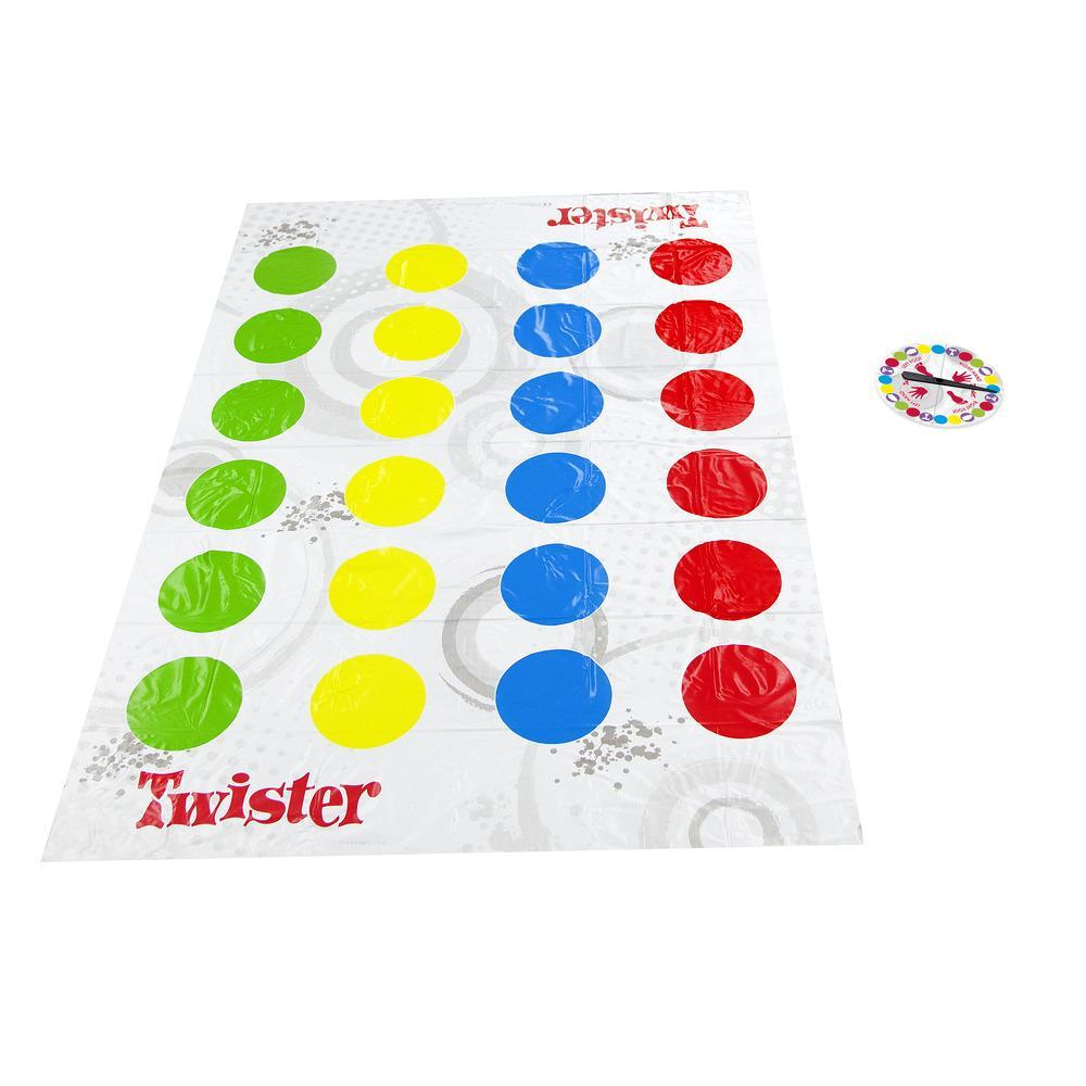 Twister game mat with colored circles and a spinner on a white background.