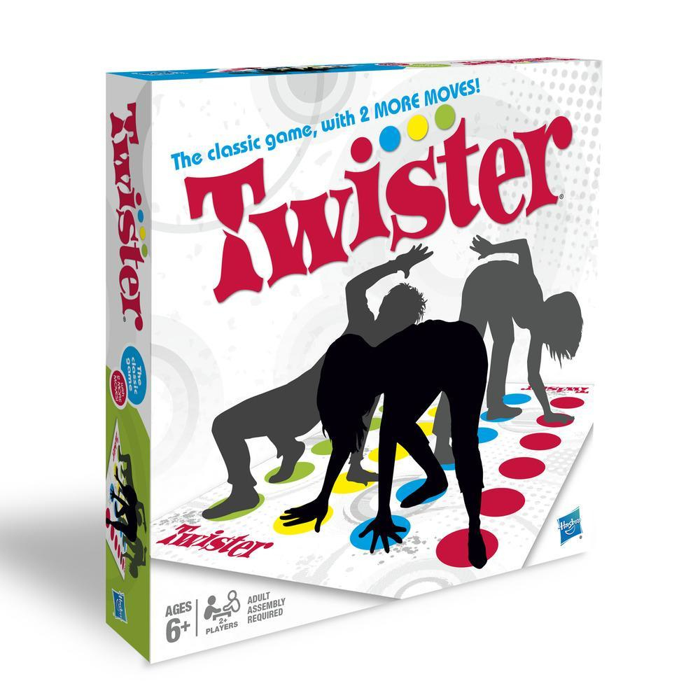 Twister game box showing the game and people playing on a mat with circles.