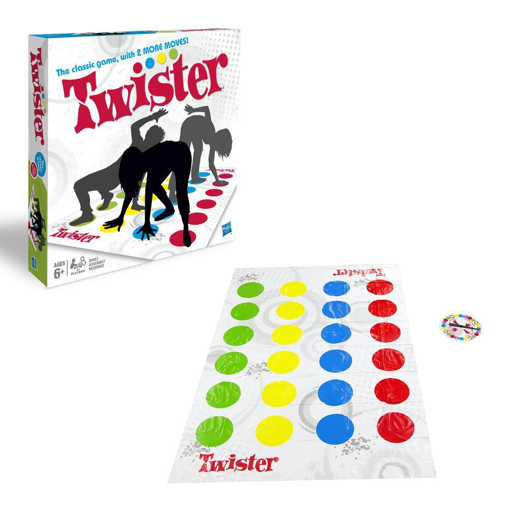 Twister game box, board, and spinner on white background.