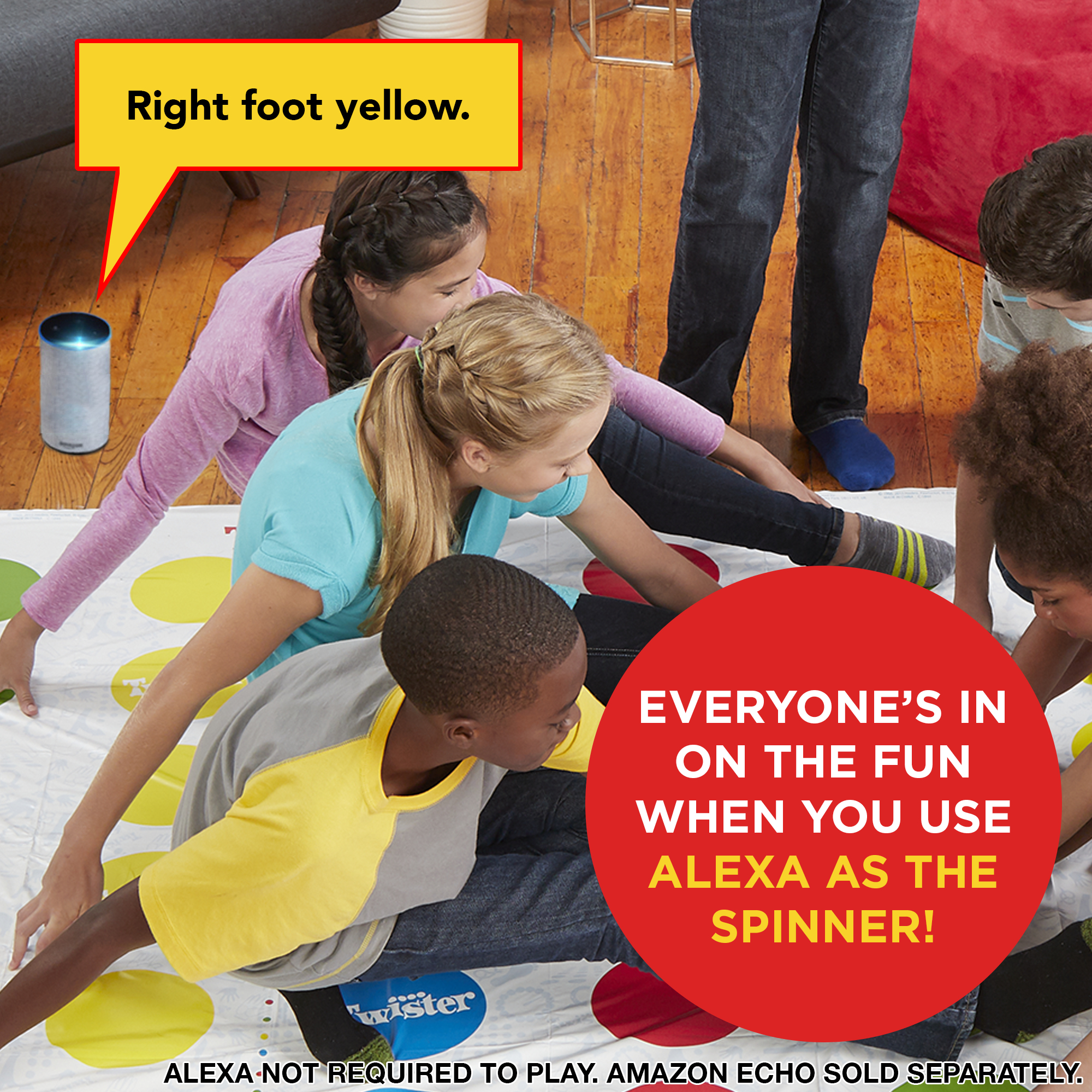 Kids playing Twister, one is on a yellow circle, Alexa speaker in the left corner.