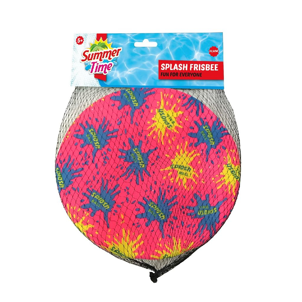 Frisbee splash rosa e blu in una borsa a rete nera con testo.