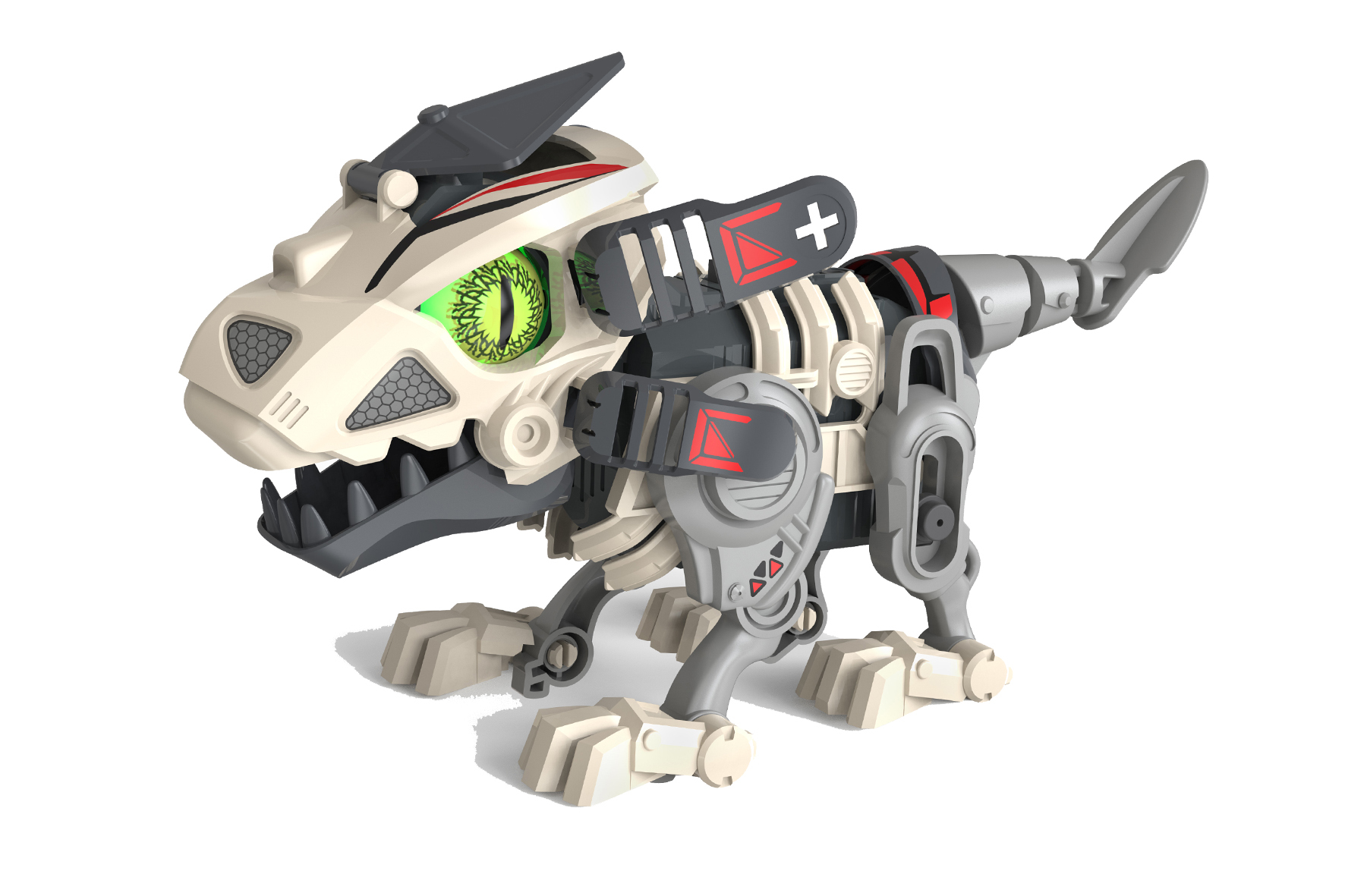 Zabawkowy dinozaur, biało-szary. Ma zielone oko i czerwone oznaczenia.
