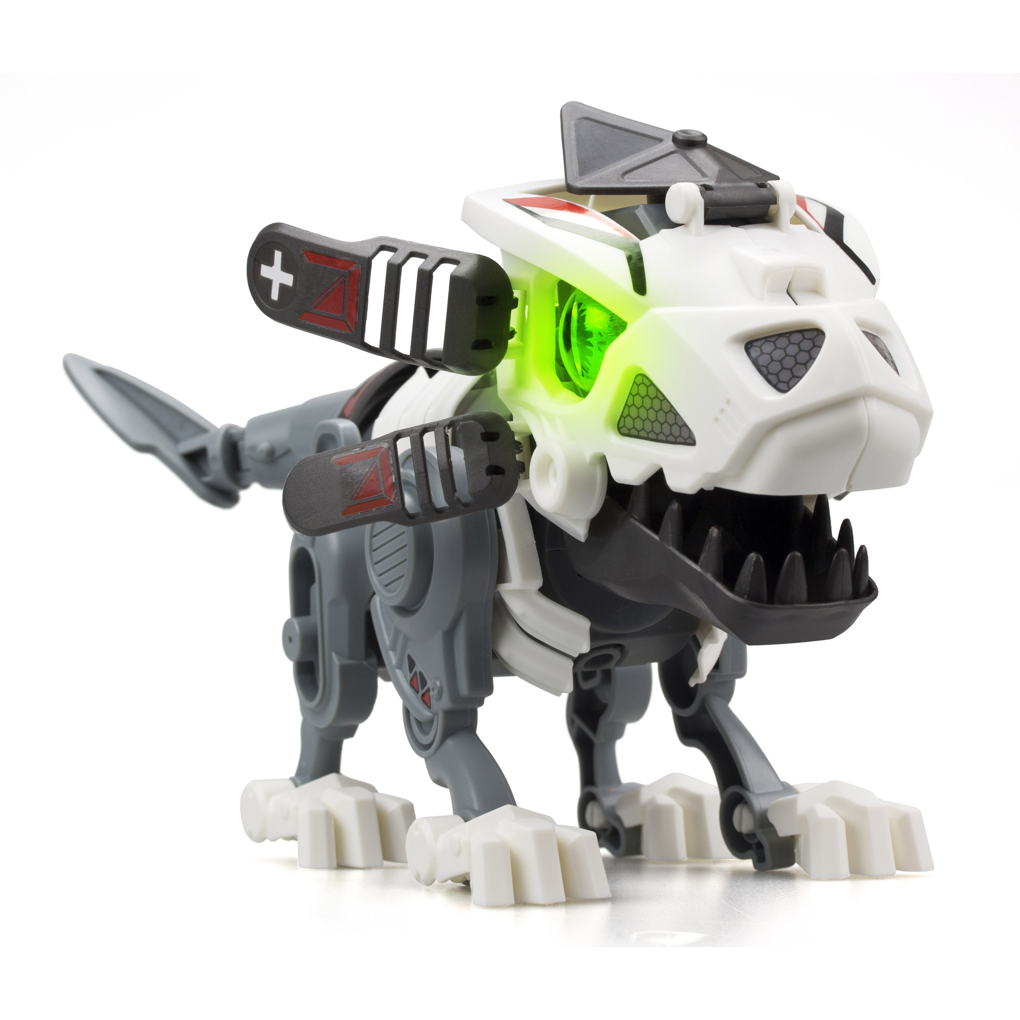 Zabawka robota dinozaura ze świecącymi zielonymi oczami, otwartą paszczą i szarymi i czarnymi częściami mechanicznymi.