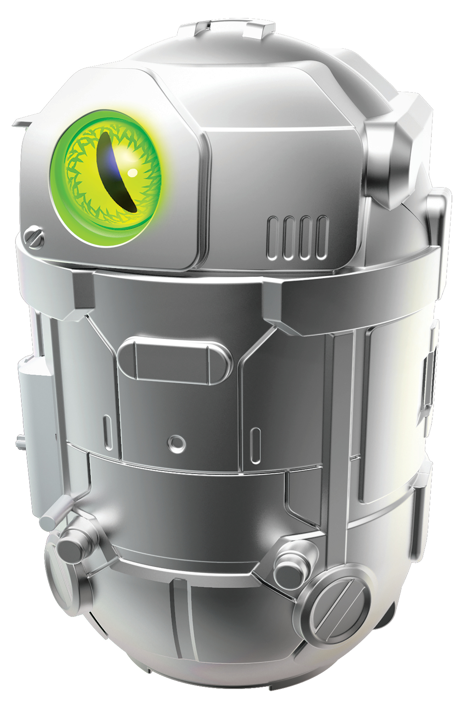 Srebrna głowa robota z dużym zielonym okiem i przemysłowymi detalami na białym tle.