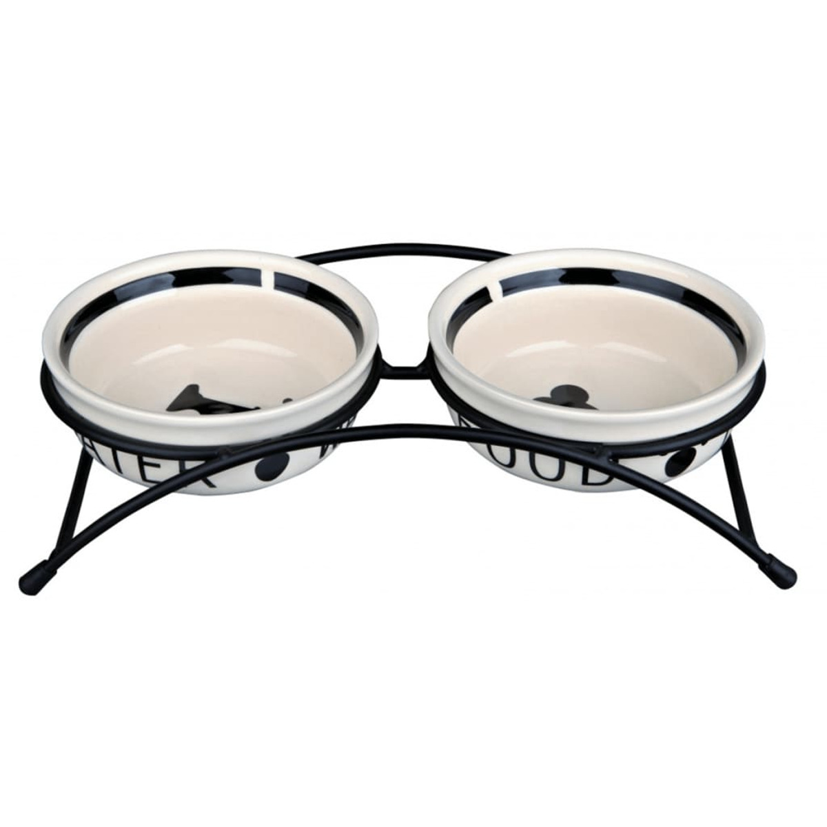 Dwie białe miski dla psów z czarnymi akcentami w czarnym metalowym stojaku.