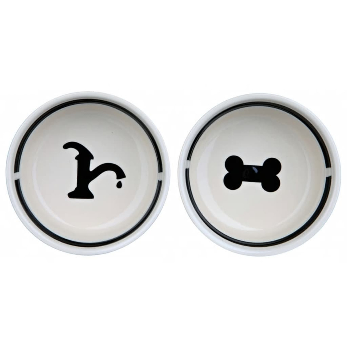 Dwie białe miski dla psów z czarnymi akcentami. Jedna ma kran dla psa, druga kość.
