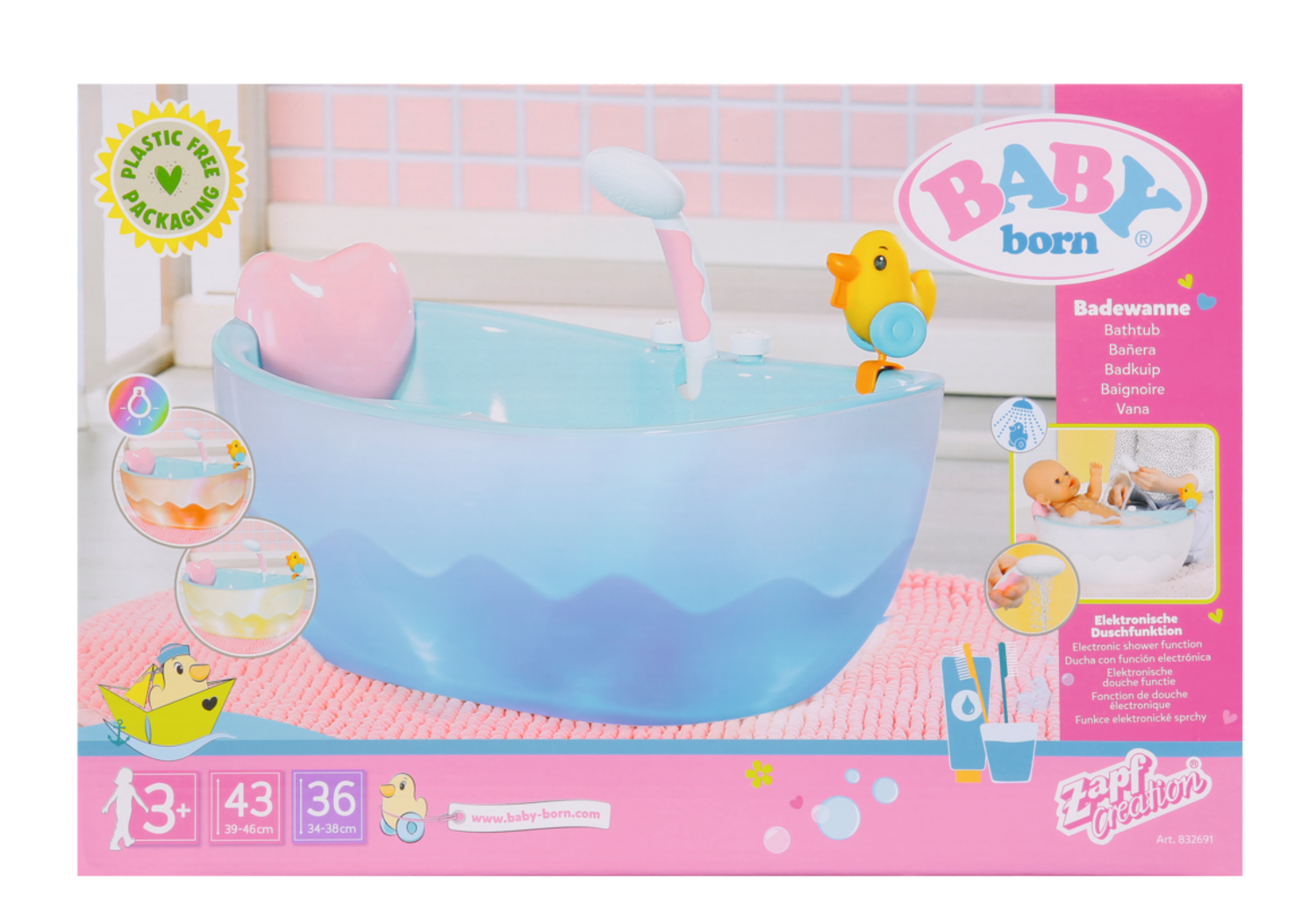 Una vasca da bagno per bambole con accessori. La scatola mostra immagini di un bambino, un'anatra e un bagno.