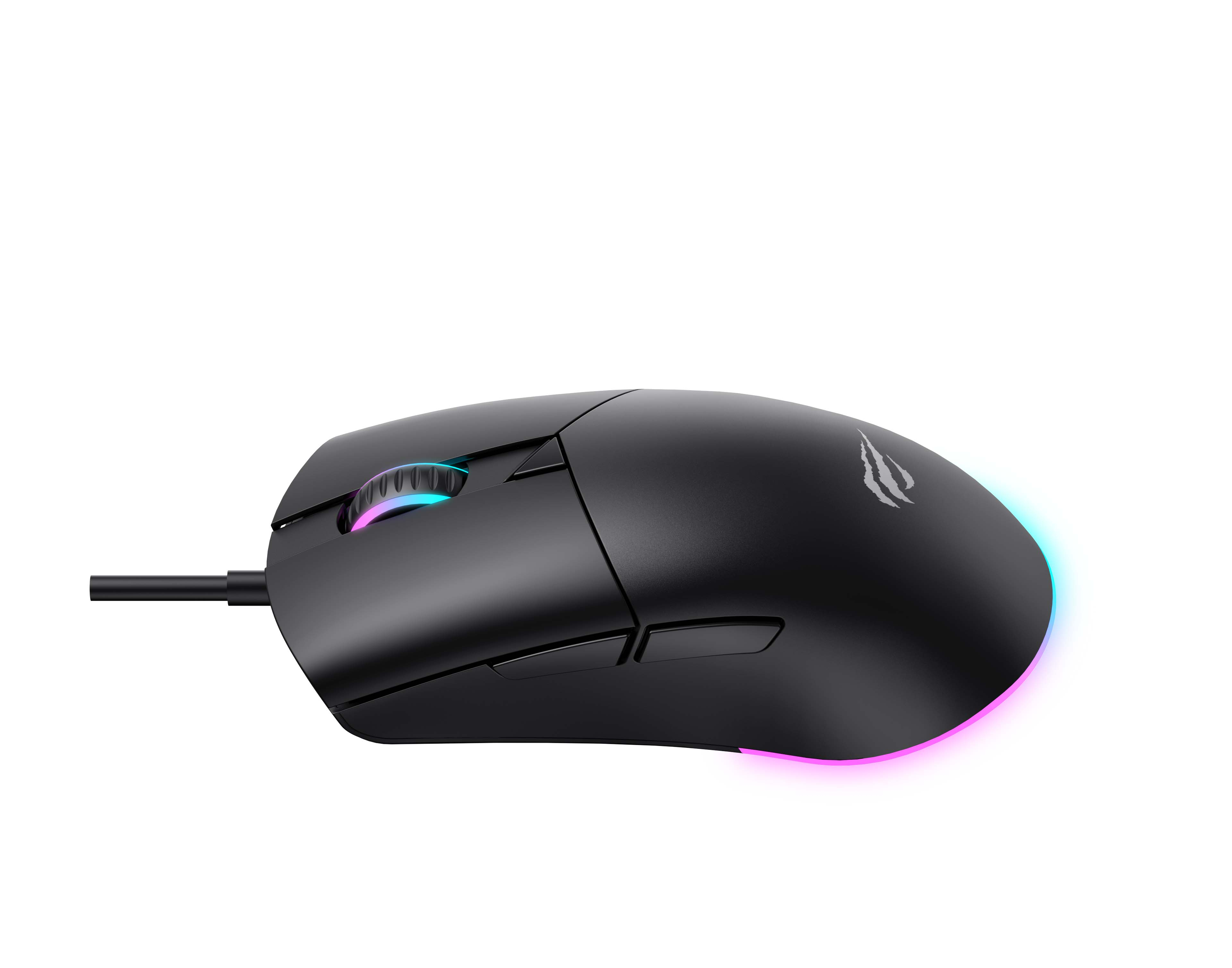 Czarna mysz gamingowa z podświetlanym kółkiem i logo, białe tło.