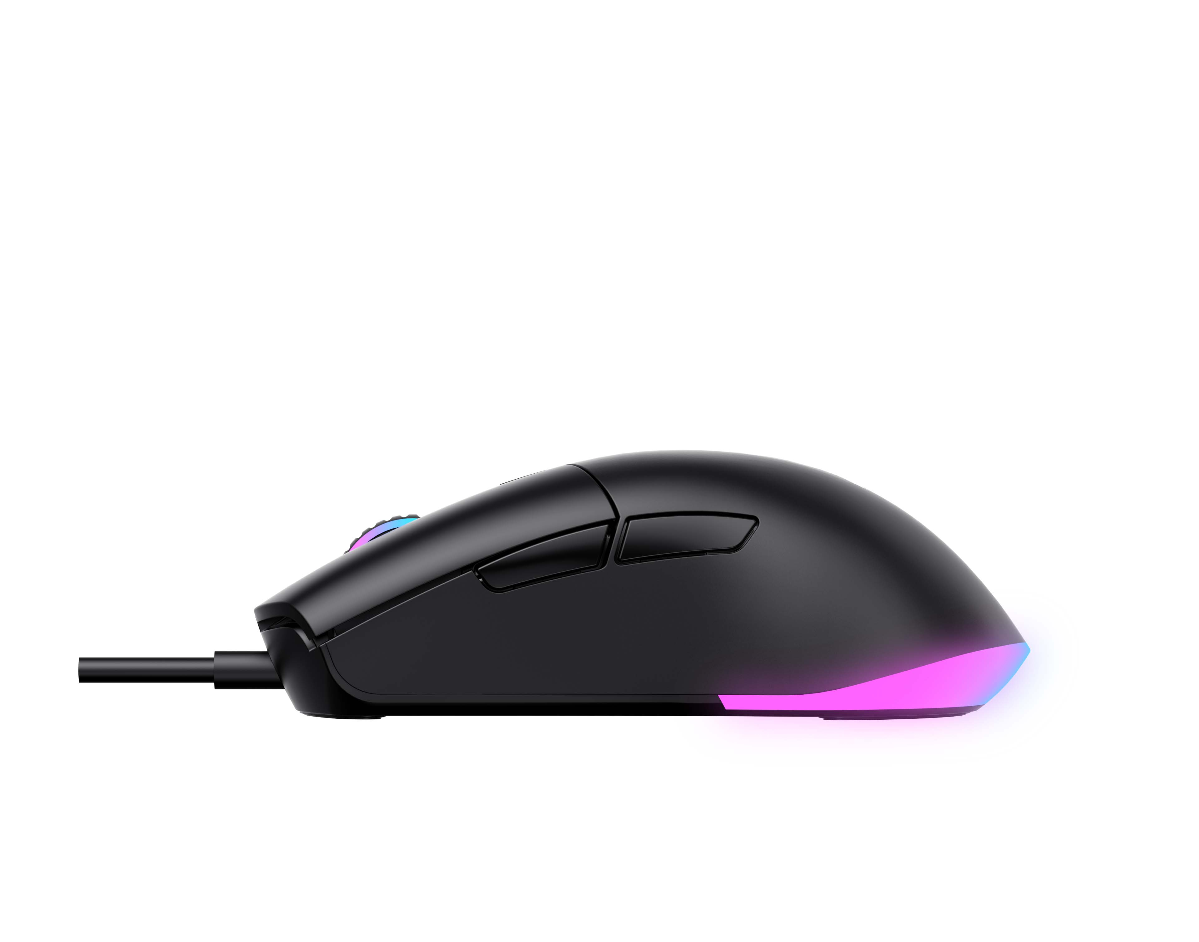 Czarna mysz komputerowa z bocznymi przyciskami i świecącą kolorową krawędzią.