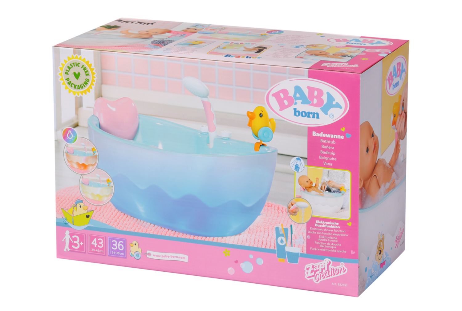 Set da bagno Baby Born giocattolo in una scatola, con una bambola e accessori.