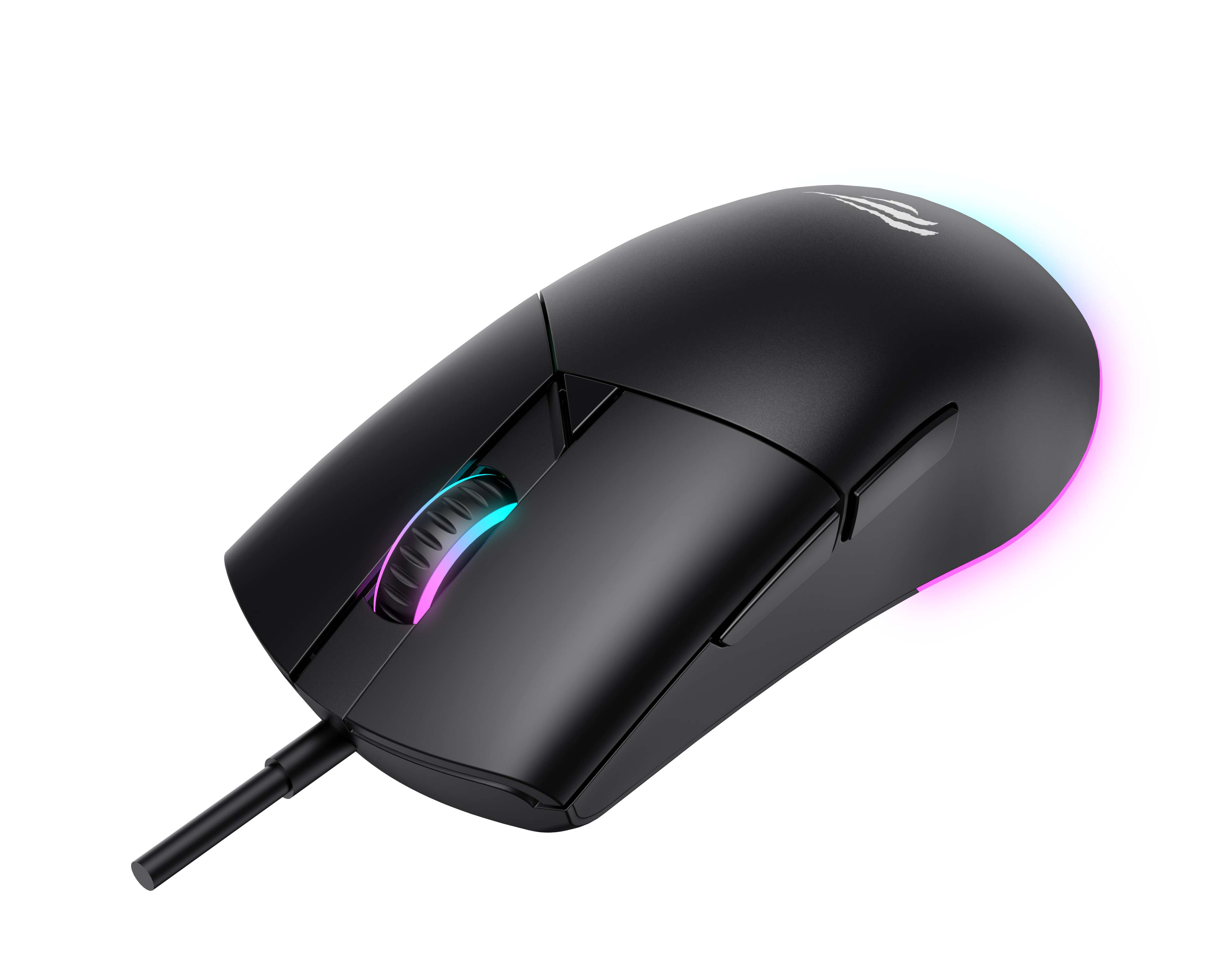 Czarna mysz komputerowa z bocznymi przyciskami i świecącą kolorową krawędzią.