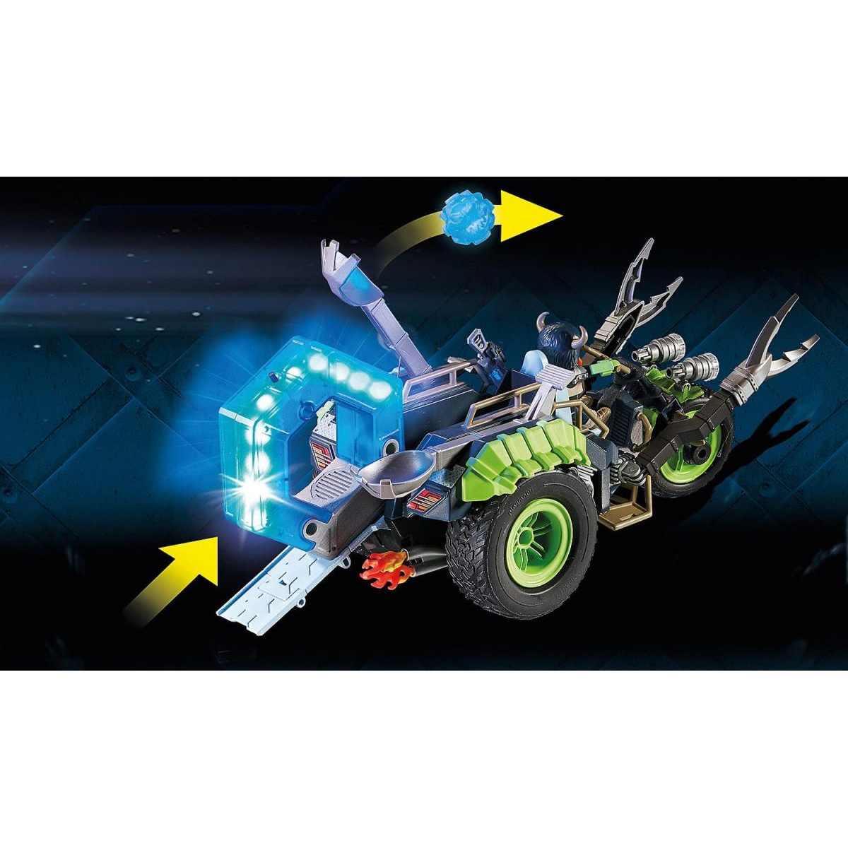 Zabawkowy pojazd z niebieskim światłem i strzałkami na ciemnym tle.